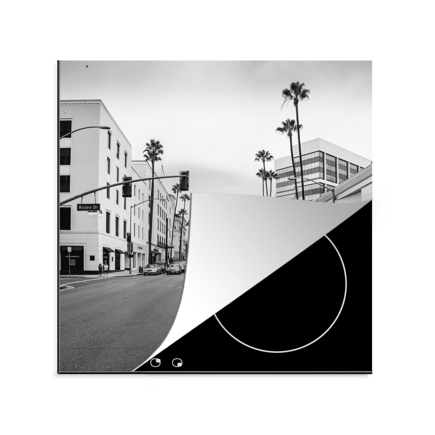 MuchoWow Herdblende-/Abdeckplatte Rodeo Drive - Los Angeles - Schwarz - Weiß, Vinyl, (1 tlg), 78x78 cm, Ceranfeldabdeckung, Arbeitsplatte für küche