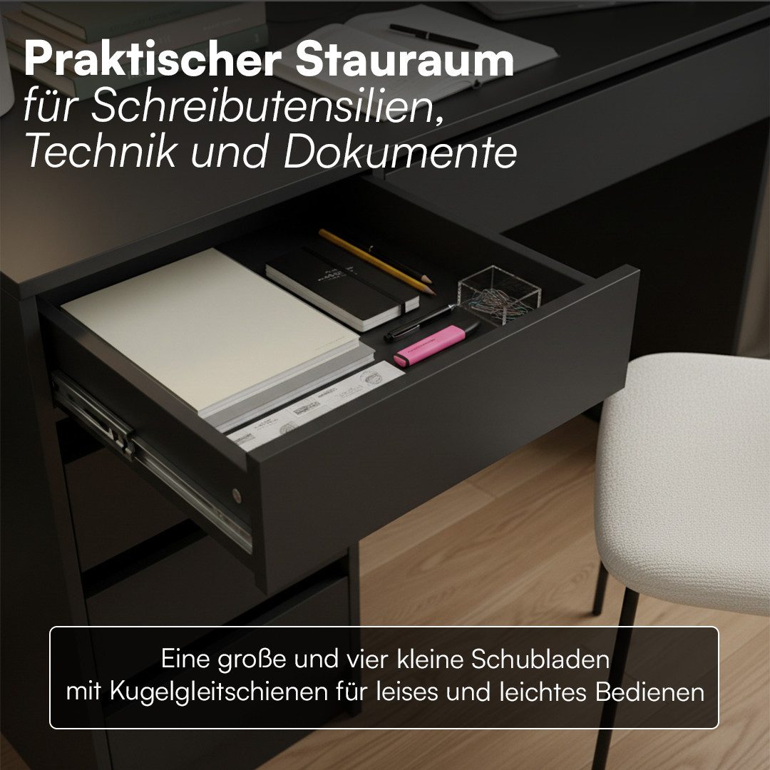 Bellamio Schreibtisch Nore mit Schubladen (schwarz, beidseitig montierbar, 110 cm breit), verfügbar mit 5 oder 9 Schubladen – Bild 4 von 5