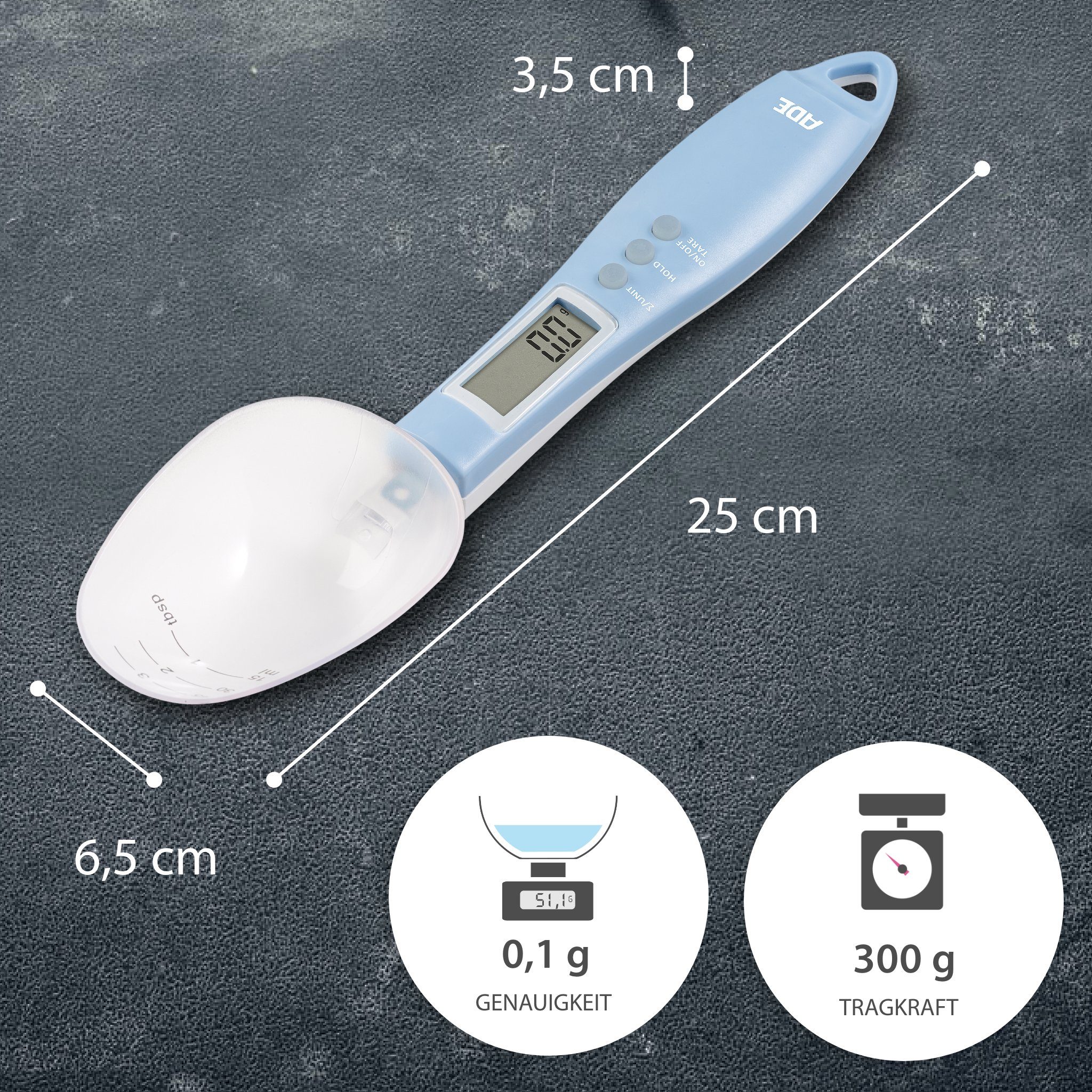 ADE Löffelwaage Digitale Löffelwaage mit abnehmbaren Löffelaufsatz, mit 0,1 g Einteilung, für Gewürze, Kaffee, Tee, Tierfutter bis 300g – Bild 5 von 5