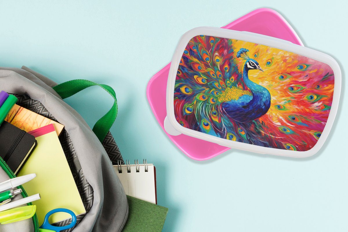 Kinder, Brotbox - (2-tlg), Kunst für Pfauenfedern, - rosa Lunchbox Kunststoff Snackbox, Mädchen, Pfau Kunststoff, MuchoWow Erwachsene, Malerei Brotdose -