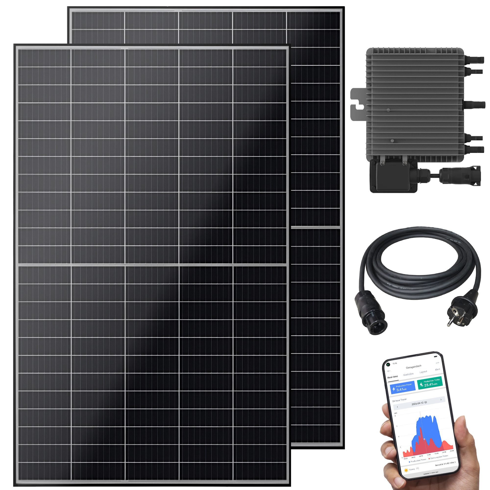 VESKA Balkonkraftwerk Balkonkraftwerk 1000 W Bifazial Glas/Glas, 800,00 W, Monokristallin, (Steckerfertig, genehmigungsfrei, schwarz WIFI), N-TYPE, TOPCON, Antireflexbeschichtung