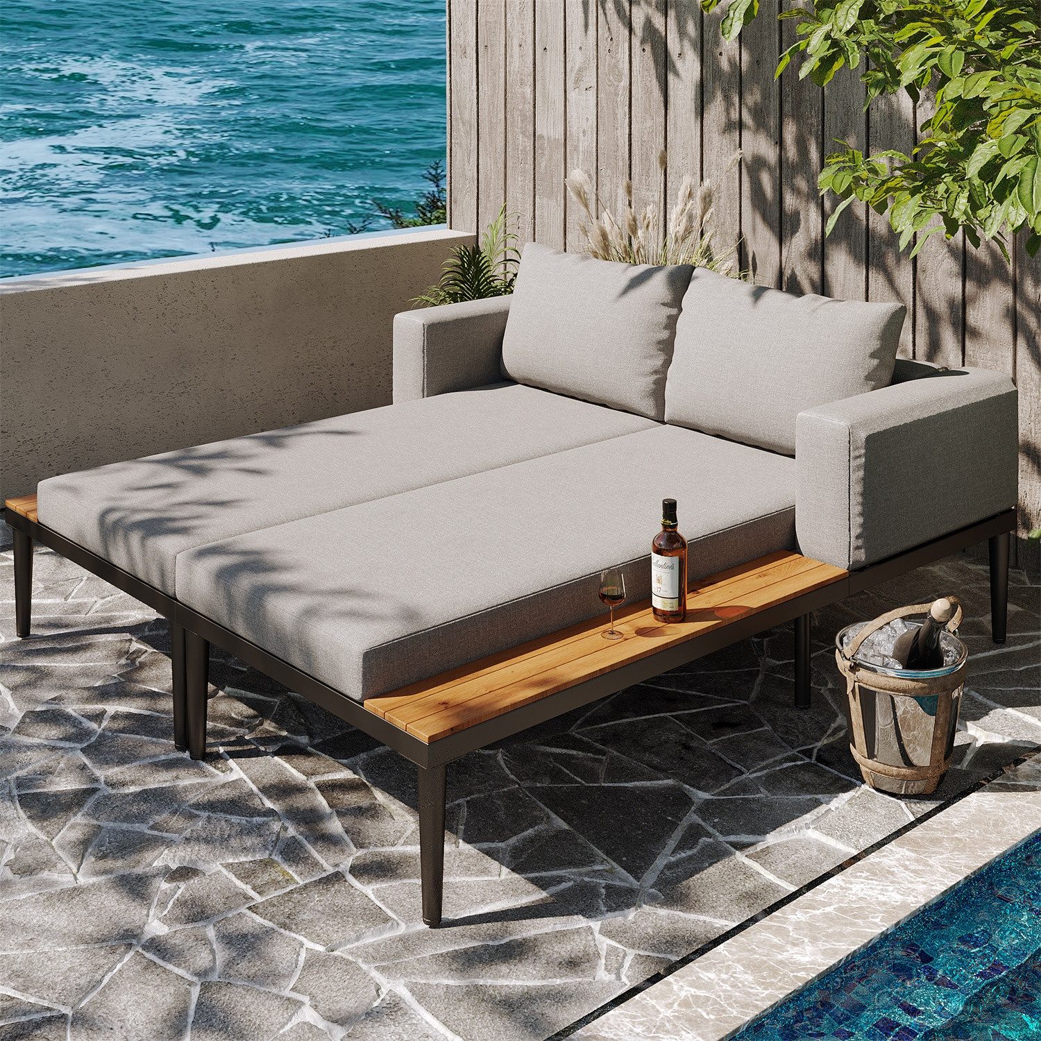 Rutaqian Daybed Doppel-Liegebett mit Regalen, Sonnenliege für Terrasse, Garten, Balkon (Outdoor Patio Daybed,Double Lounge Bed, Outdoor-Liegestuhl), Multifunktionales Wasserdichtes Sofabett,70x150x30 cm