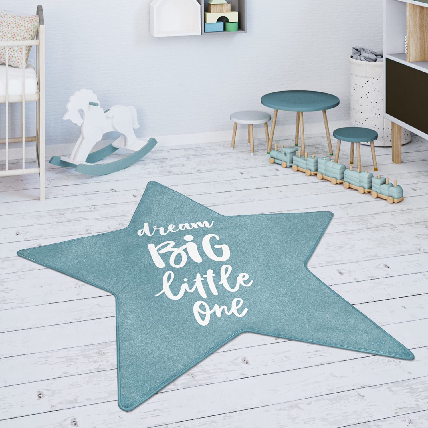 KADIMA DESIGN Kinderteppich waschmaschinenwaschbar Stern Kinderzimmer Kinderteppich, Freiform, Höhe: 4 mm, 100% Polyester, Rücken aus Felt + Dots, Freiform, 80STcm, Blau