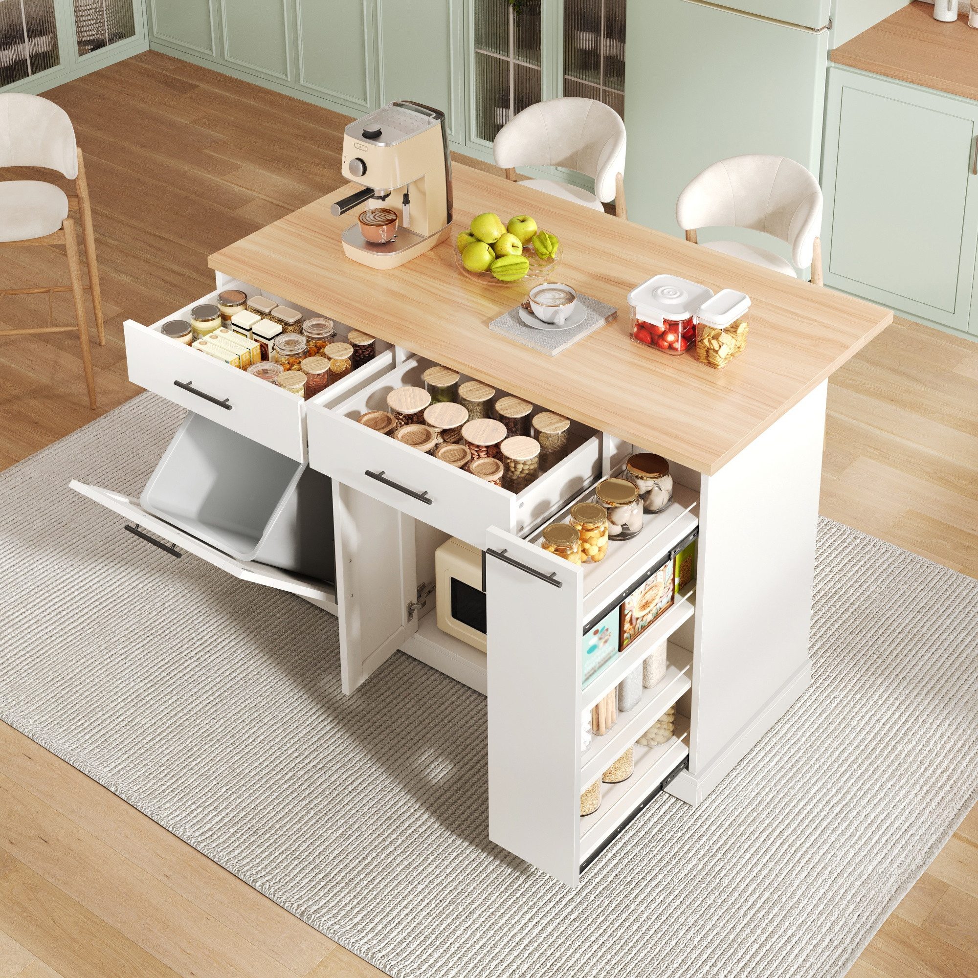 i@home Kücheninsel Küchenwagen, (klappbare Arbeitsplatte, Mülleimerschrank, feststellbare Rollen), auf Rollen 120×70×93cm mobiler Servierwagen für Esszimmer