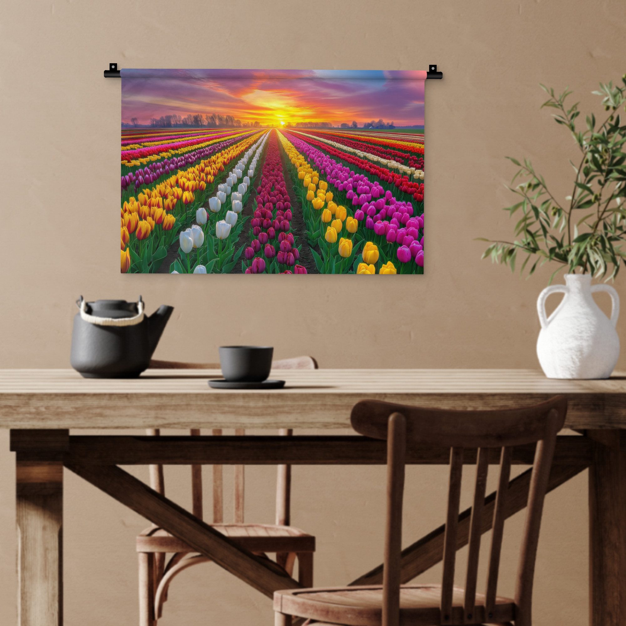 MuchoWow Wandteppich Tulpenfeld - Sonnenuntergang - Farbenfroh, Rechteckig, Höhe: 3 mm, Wandteppich für Wohnzimmer, Schlafzimmer, 60x40 cm