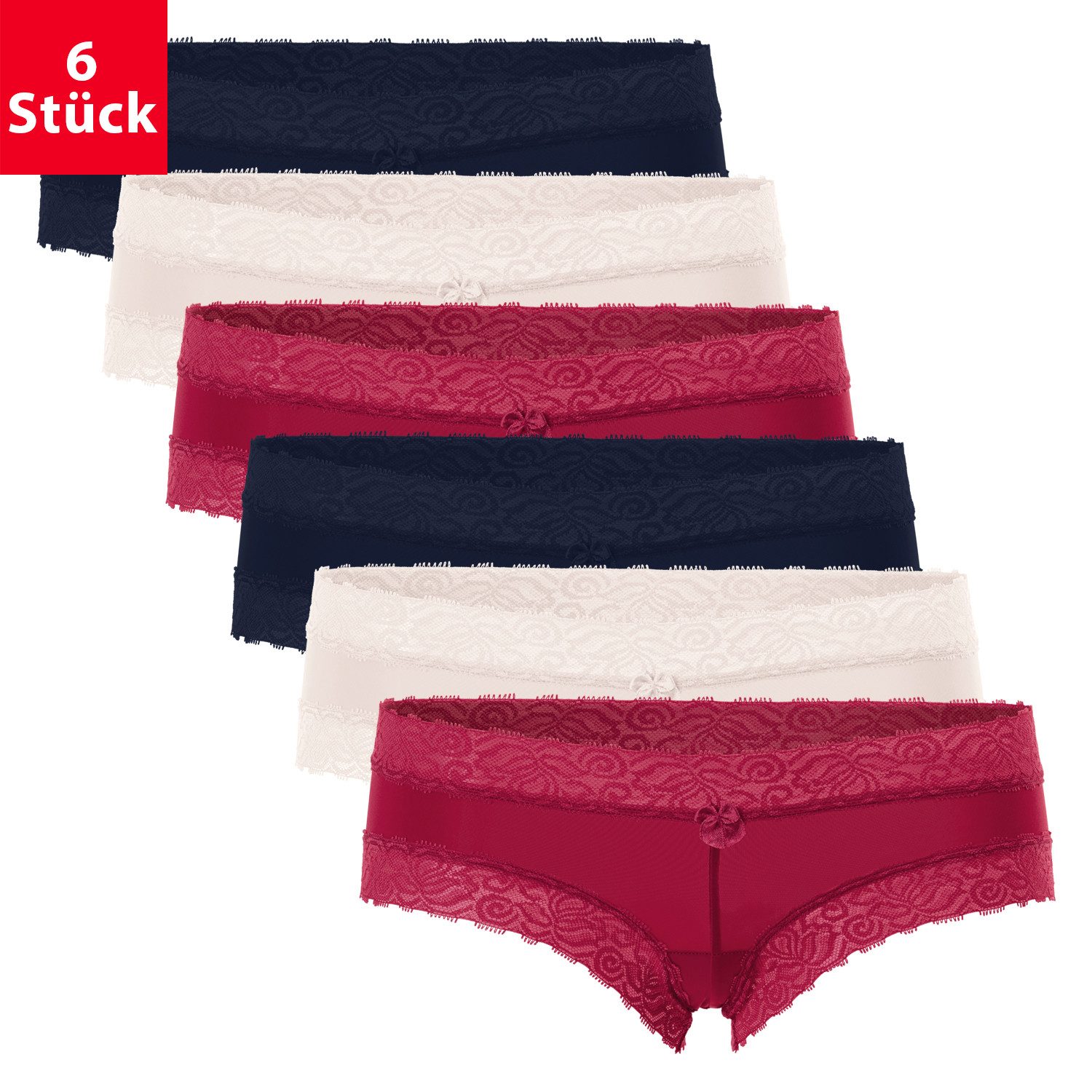 Panty Damen Hipster Panty mit Spitze (6er Pack) Dessous Slips