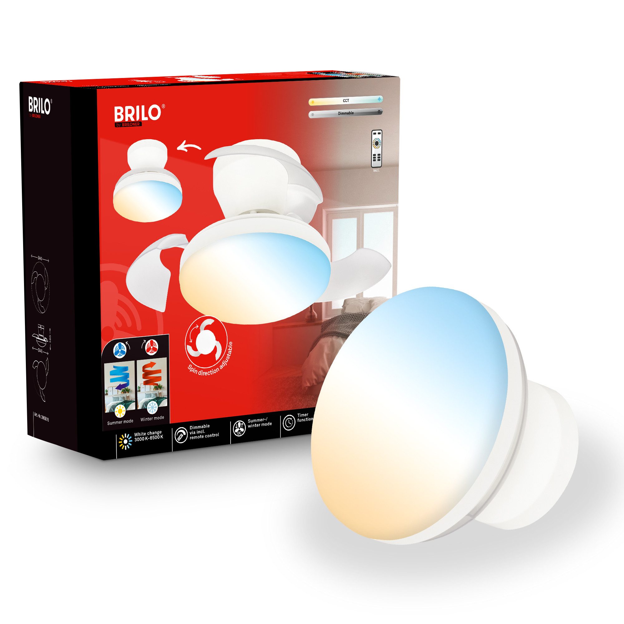 Briloner Leuchten LED Deckenleuchte mit Ventilator dimmbar CCT Deckenventilator mit Licht Schlafzimmer, LED fest integriert, CCT, 3000-6500K, 78x26 cm, Schlafzimmer, Wohnzimmer, Esszimmer, Flur, Küche