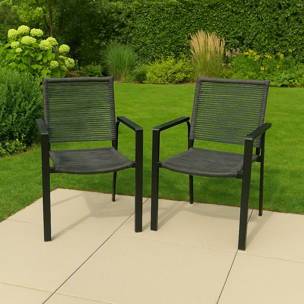 belavi Stapelstuhl 2er Set Rope Stapelstuhl für Garten & Balkon – leichter Gartenstuhl, Seilbespannung, robust & pflegeleicht, ca. 56x89x61cm, grau