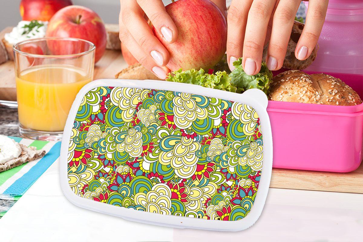 MuchoWow Lunchbox - Brotdose - Kunststoff, Mädchen, Blumen Snackbox, Frühling, Kunststoff Muster für Brotbox rosa (2-tlg), Erwachsene, Kinder