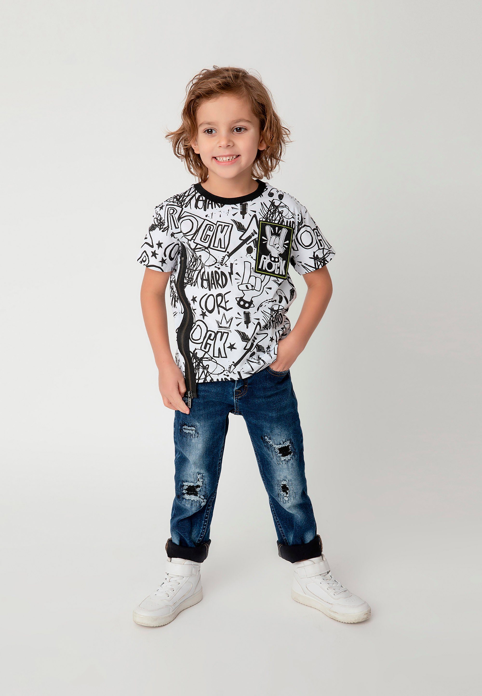 Gulliver T-Shirt mit Cooles Aufnäher rockigem Allover- Design mit und Print, Print