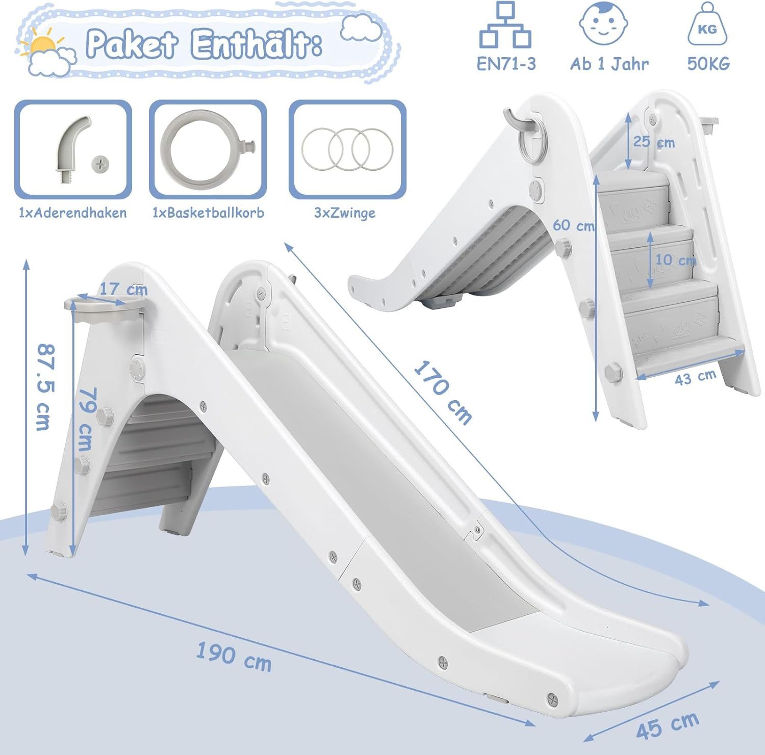 TLGREEN Rutsche Kinder Rutsche mit Basketballkorb und Zwinge, (Treppenrutsc günstig online kaufen