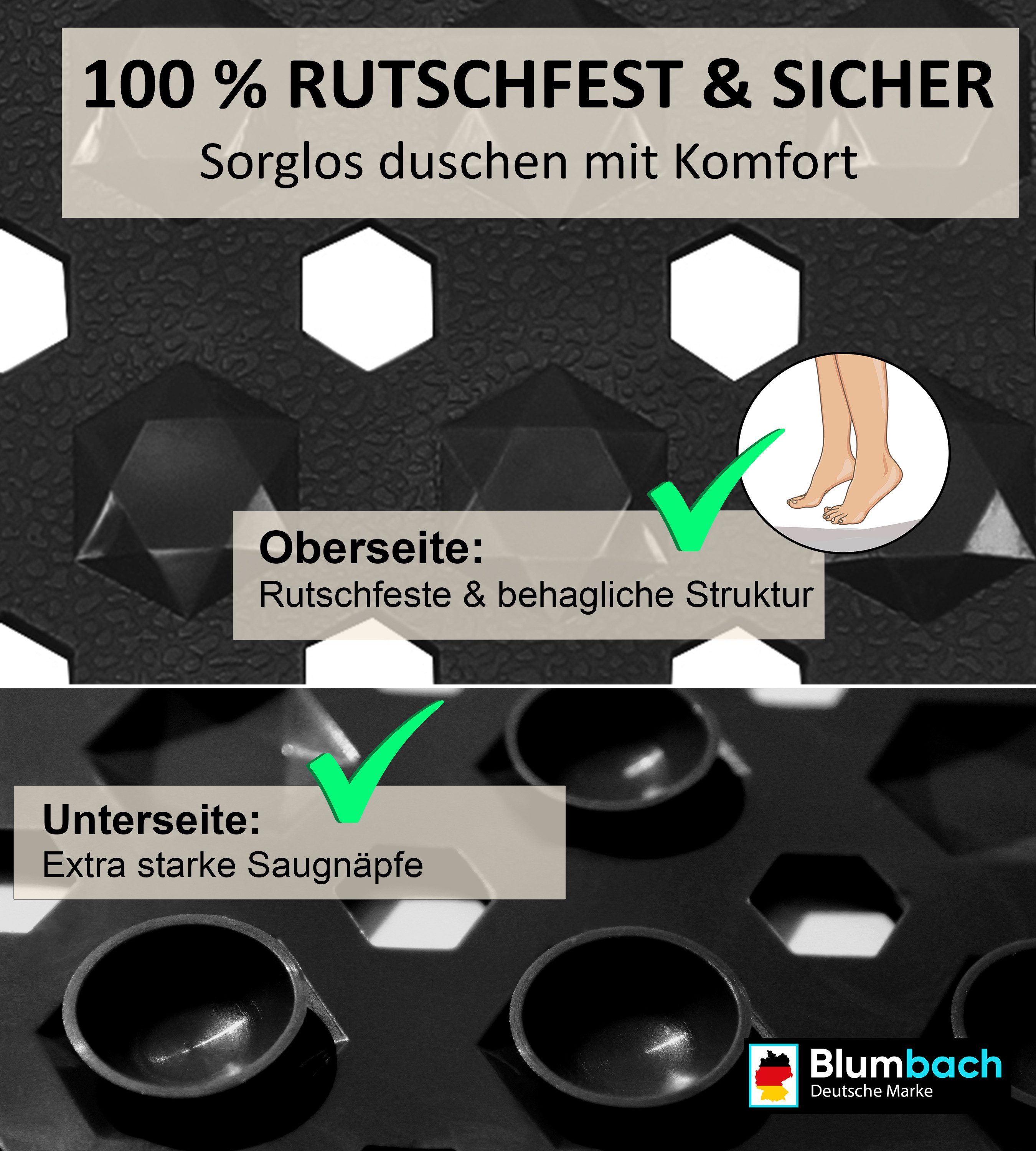 Blumbach Wanneneinlage Badewannenmatte rutschfest, Packung, inklusive 2 Klebehaken, rutschhemmend, mit Saugnäpfen, pflegeleicht