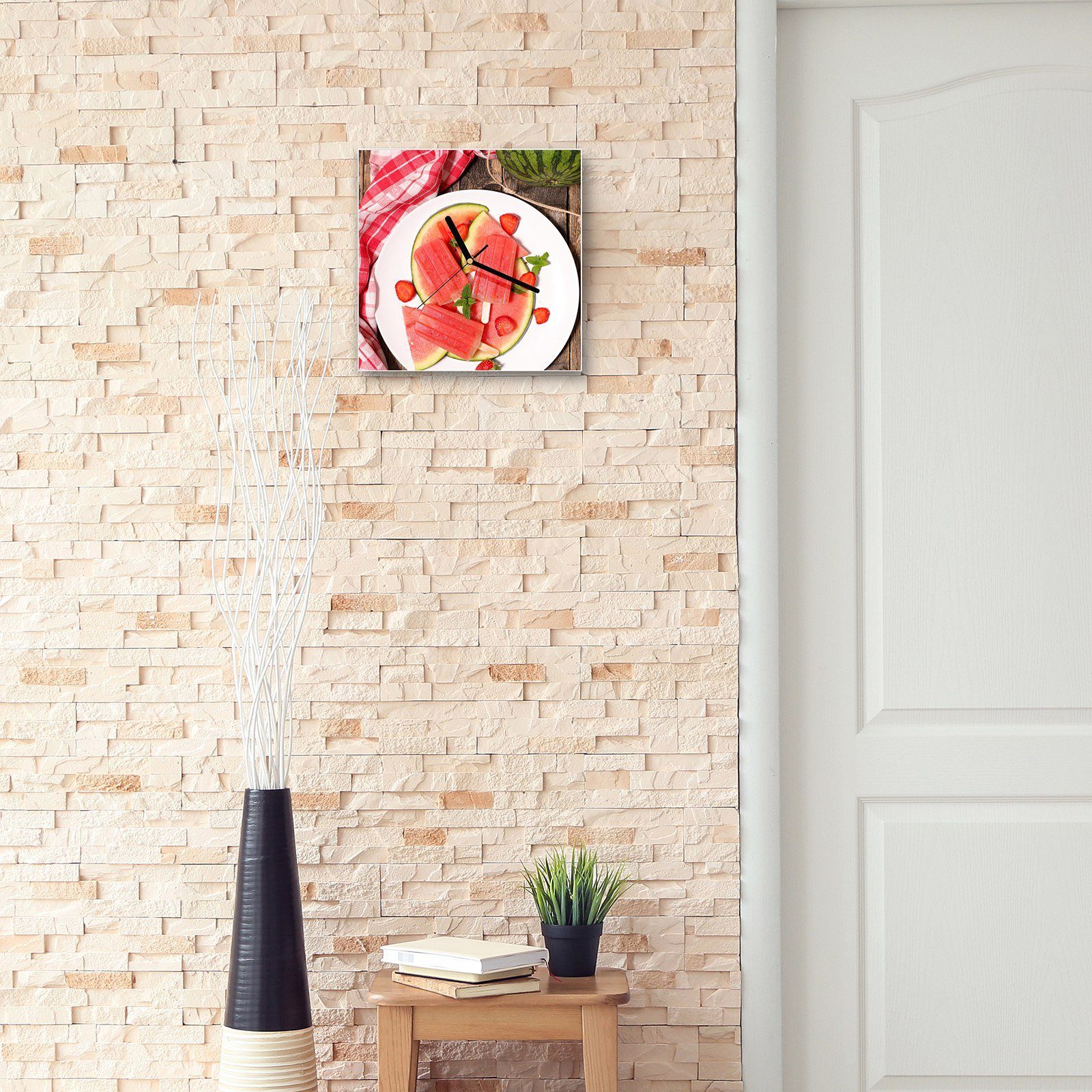 Primedeco Wanduhr Glasuhr Wanduhr 30 Wandkunst Wassermeloneneis mit Motiv x 30 Größe cm
