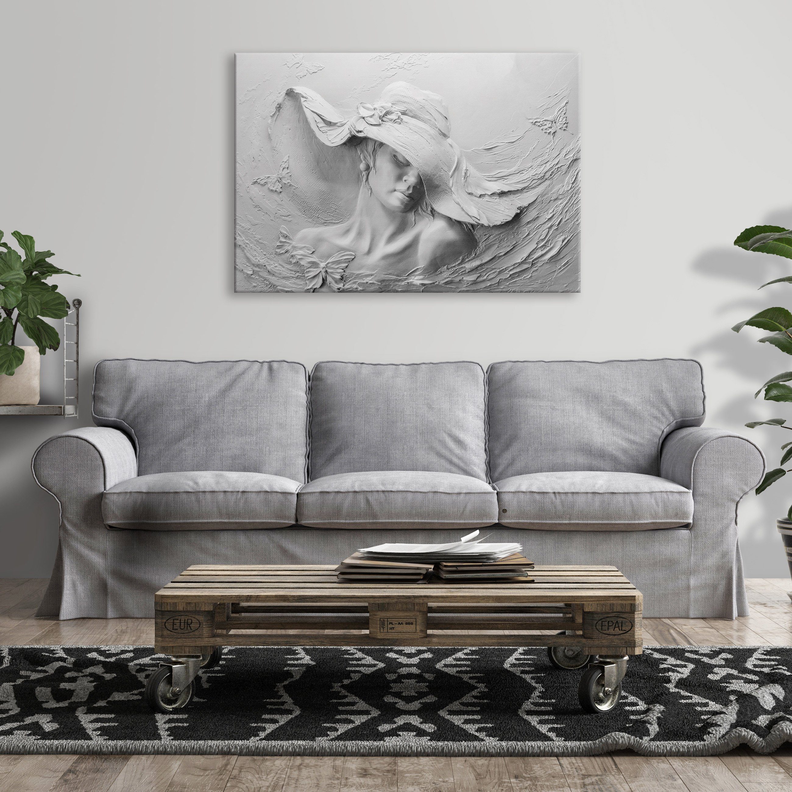 Wallarena Leinwandbild Frau mit Hut Abstrakt grau Modern Bild XXL Leinwandb günstig online kaufen