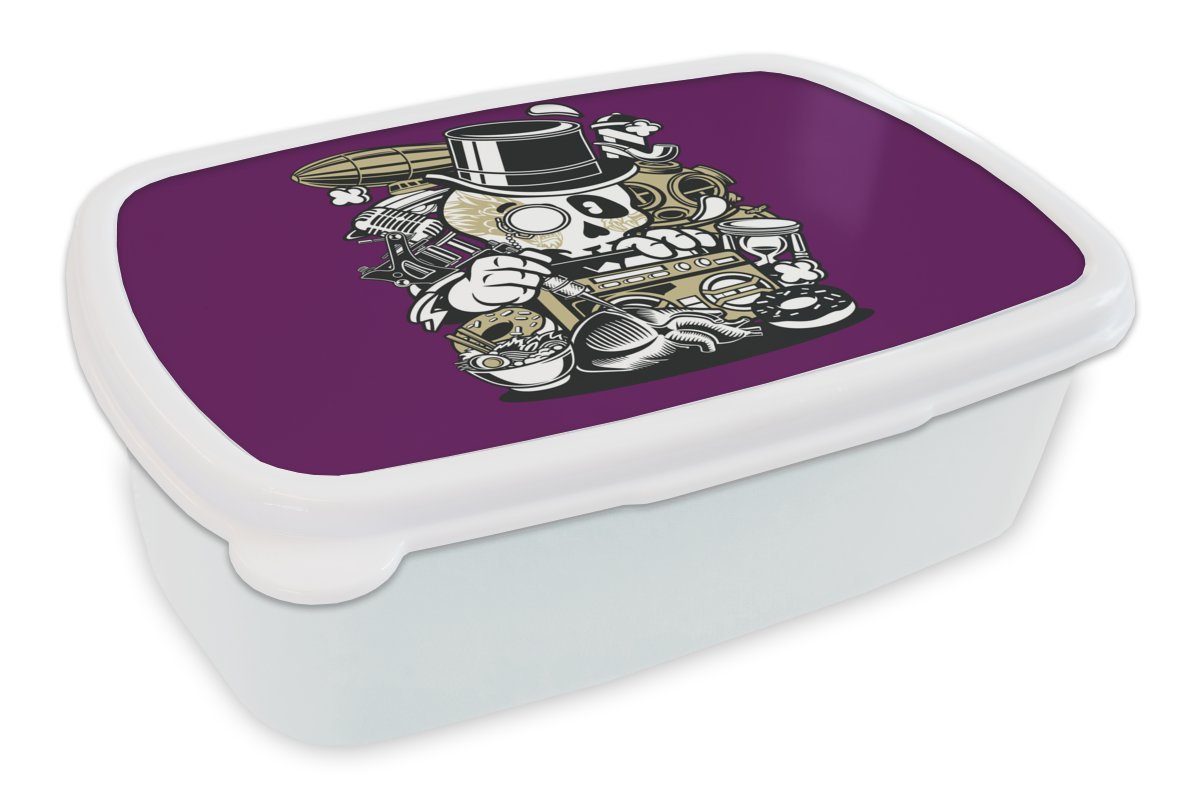 MuchoWow Lunchbox Totenkopf - Radio - Vintage, Kunststoff, (2-tlg), Brotbox für Kinder und Erwachsene, Brotdose, für Jungs und Mädchen weiß