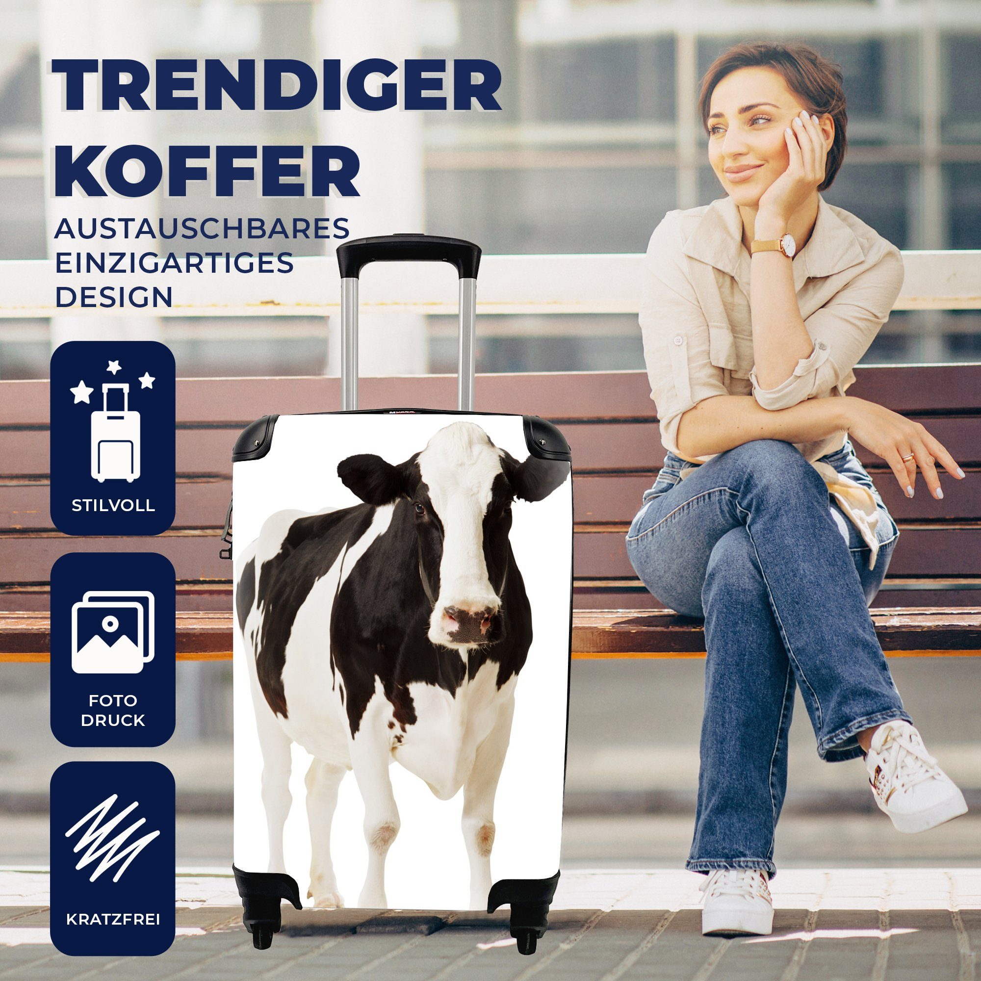 MuchoWow Handgepäckkoffer Kuh Handgepäck mit für Weiß Reisekoffer rollen, Trolley, Tiere, Reisetasche Rollen, Schwarz - - 4 - Ferien