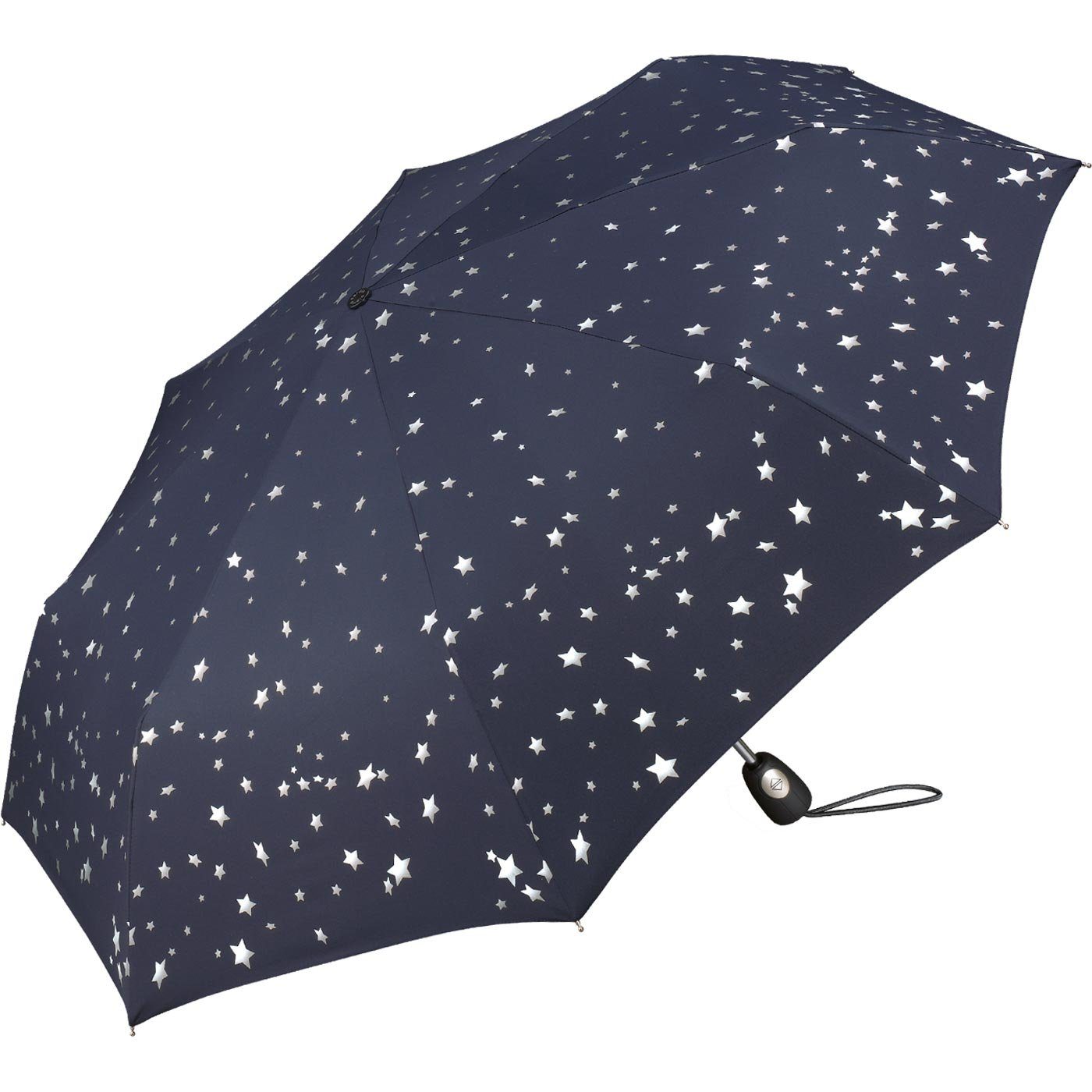 in mit Design Sterne Auf-Zu-Automatik, verspieltem traumhafte Damen-Regenschirm blau-silber Pierre Cardin Taschenregenschirm schöner
