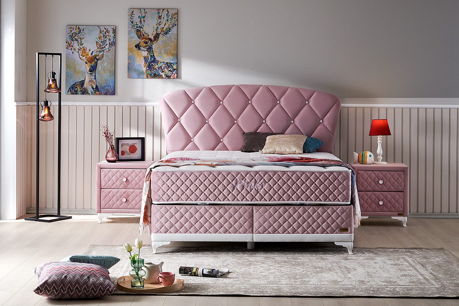 BAMBI YATAK Boxspringbett Set, Bambi Pinky, Schlafzimmerbett, Doppelseitige Matratze, H3 Mittel (1 x Matratze, 2 x Bettkasten, 1 x Bettkopfteil), Hyper-Schaum, Komfortschicht, Taschenfederkern, Matratzenhöhe: 29 cm