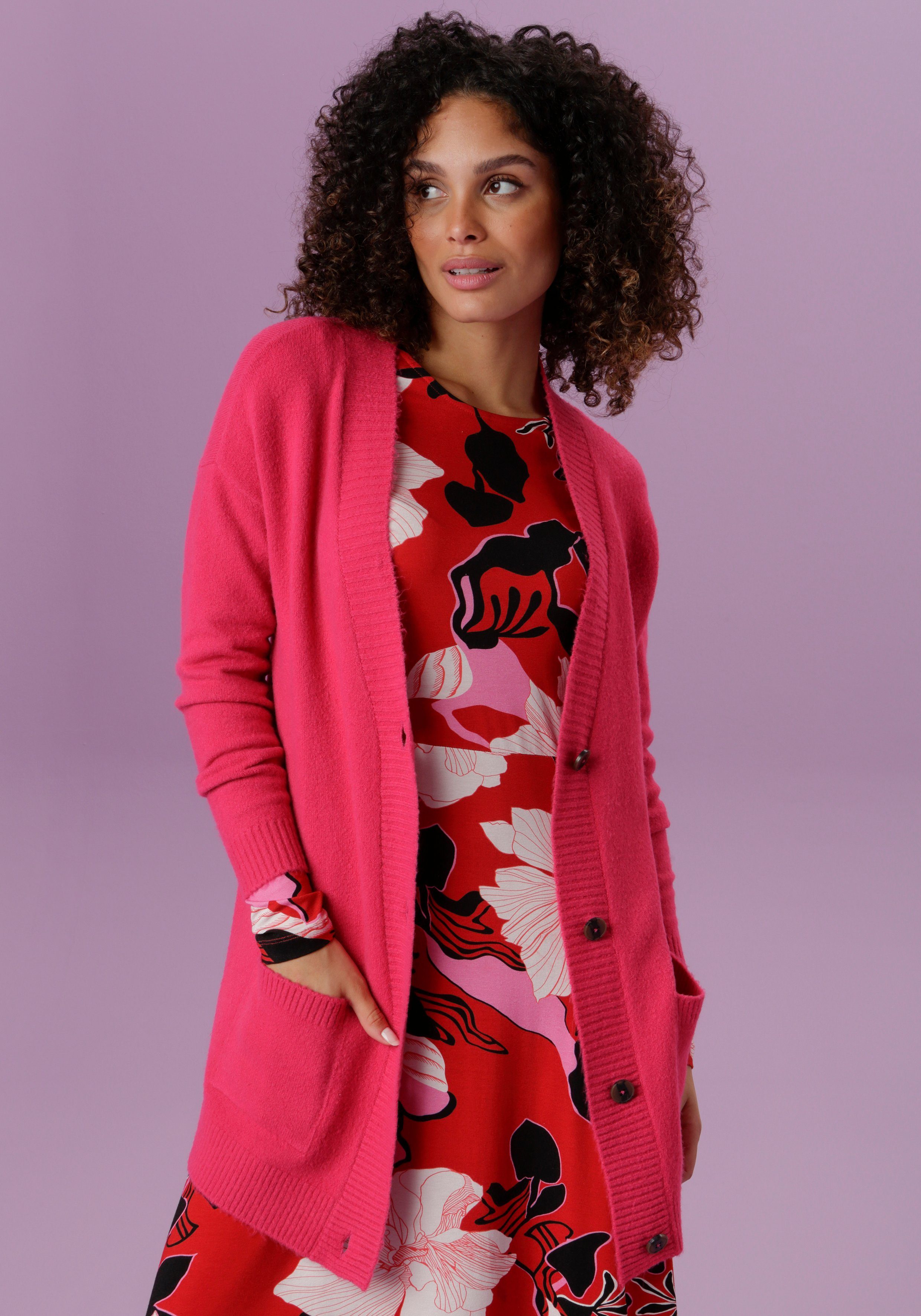 SELECTED Taschen Longstrickjacke Aniston mit pink aufgesetzen