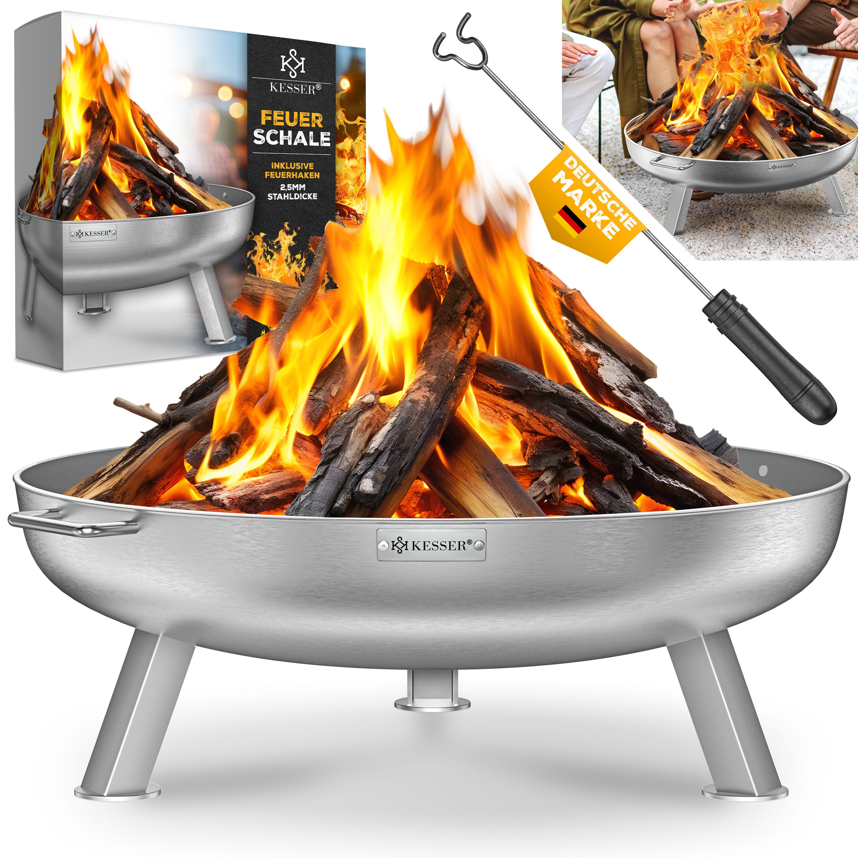 KESSER Feuerschale Feuertonne mit 2,5mm Stahldicke Feuerstelle, (Feuerkorb inklusive Feuerhaken + Wasserablauf), Feuerstelle massives Gusseisen 2 stabile Griffe