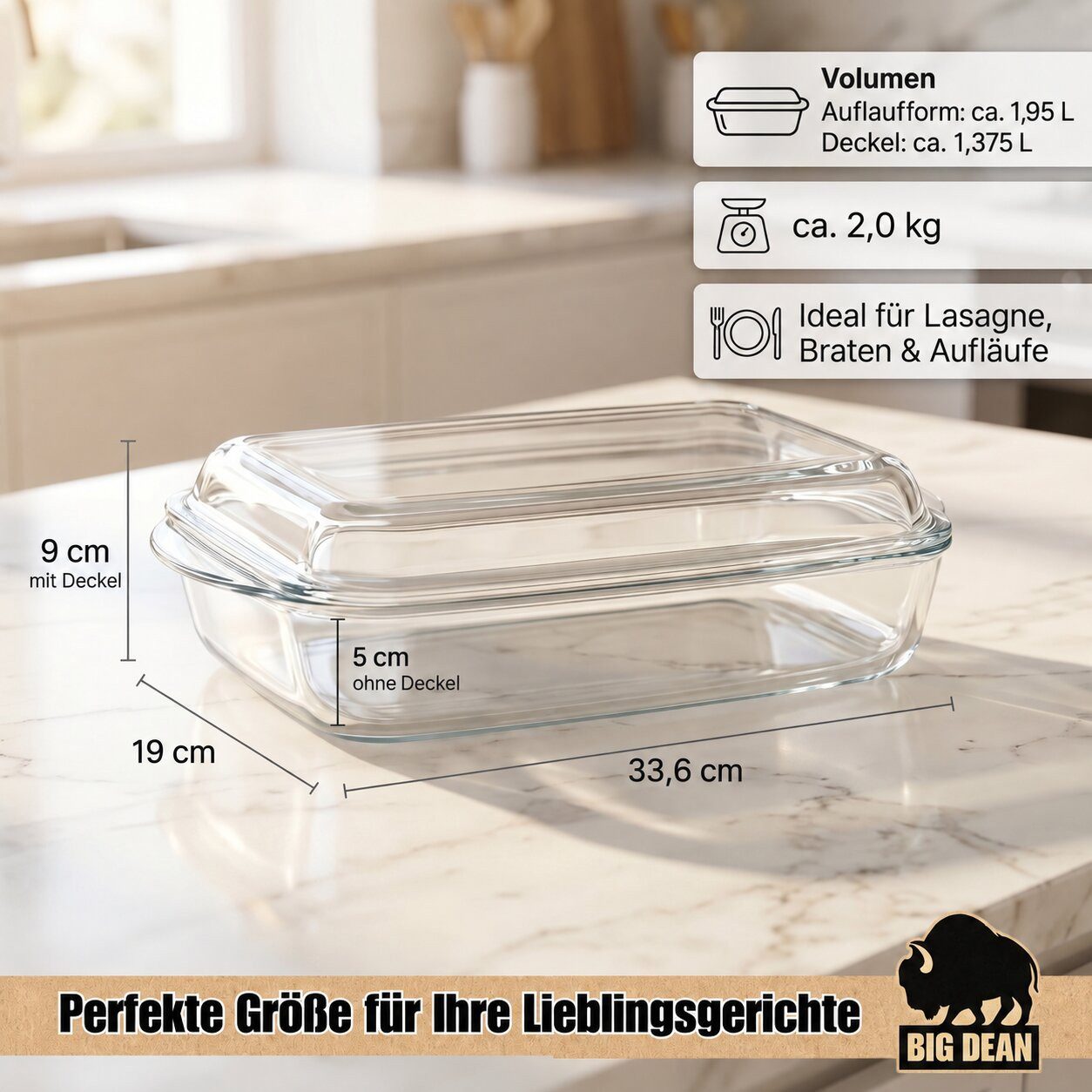 BigDean Auflaufform Rechteckige Glas-Auflaufform mit Deckel & Griffen Glasbräter, Glas, (2-St), 3,3 l, Geruchs- und geschmacksneutral, Temperaturbeständig, Krat – Bild 2 von 5