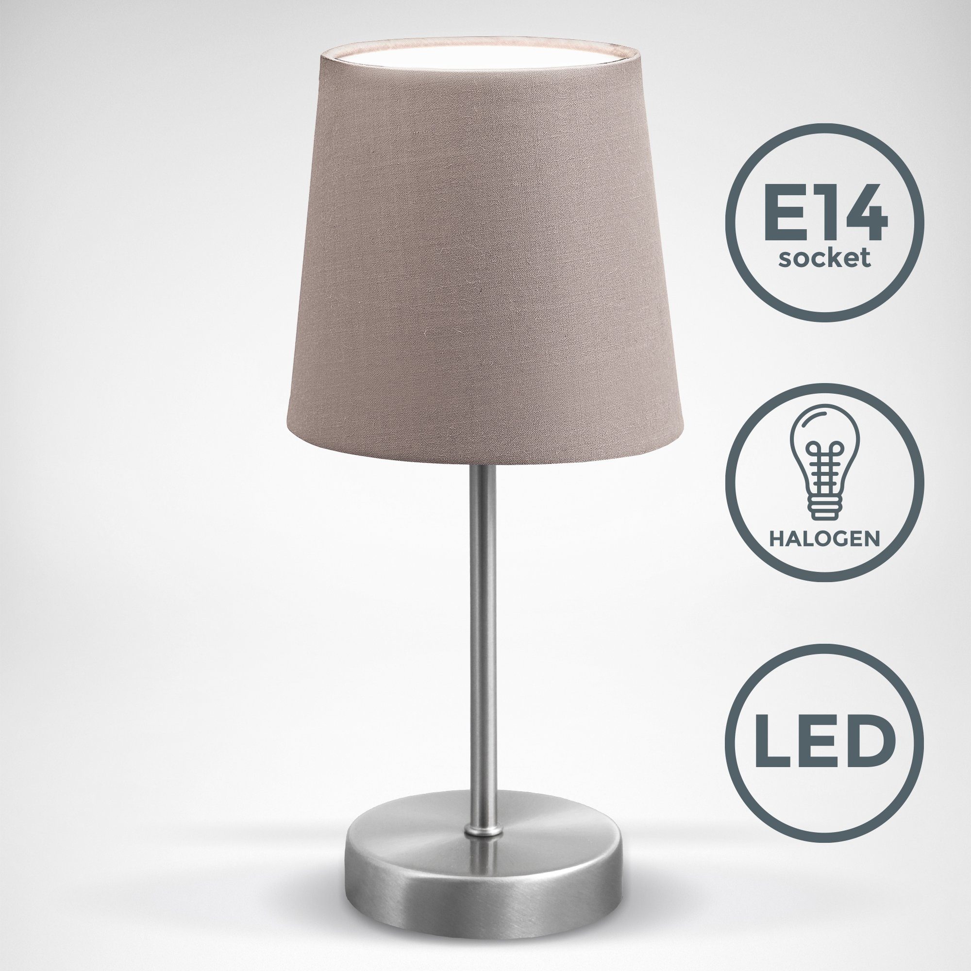 B.K.Licht Tischleuchte, LED Nachttischlampe mit Schalter E14 IP20 Stoff taupe matt-nickel-HomeTrends