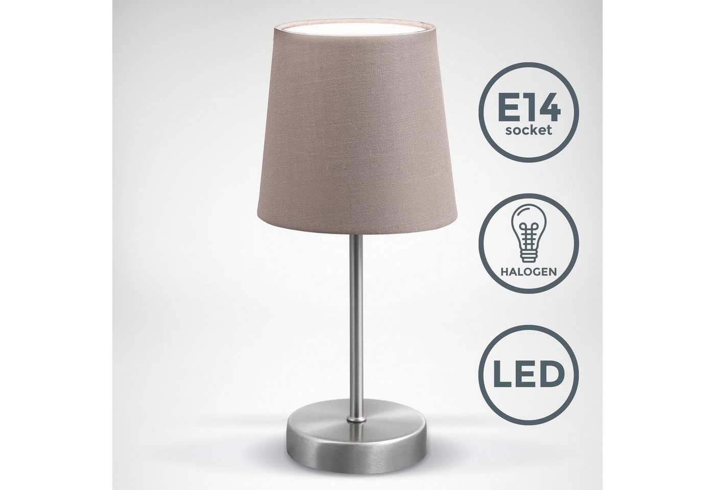 B.K.Licht Tischleuchte, LED Nachttischlampe mit Schalter E14 IP20 Stoff taupe matt-nickel-HomeTrends