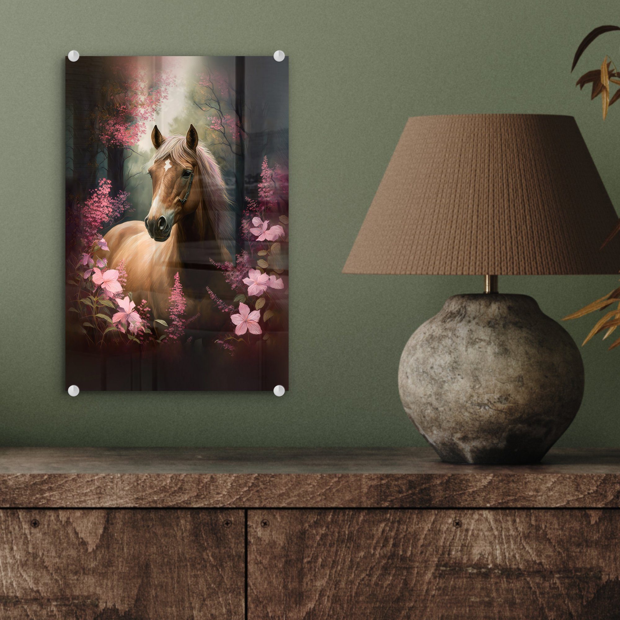 MuchoWow Acrylglasbild Pferd - (1 Natur Rosa Foto Wandbild St), - Blumen - Wald, Glas - - Bilder auf auf - Glasbilder Wanddekoration Glas 