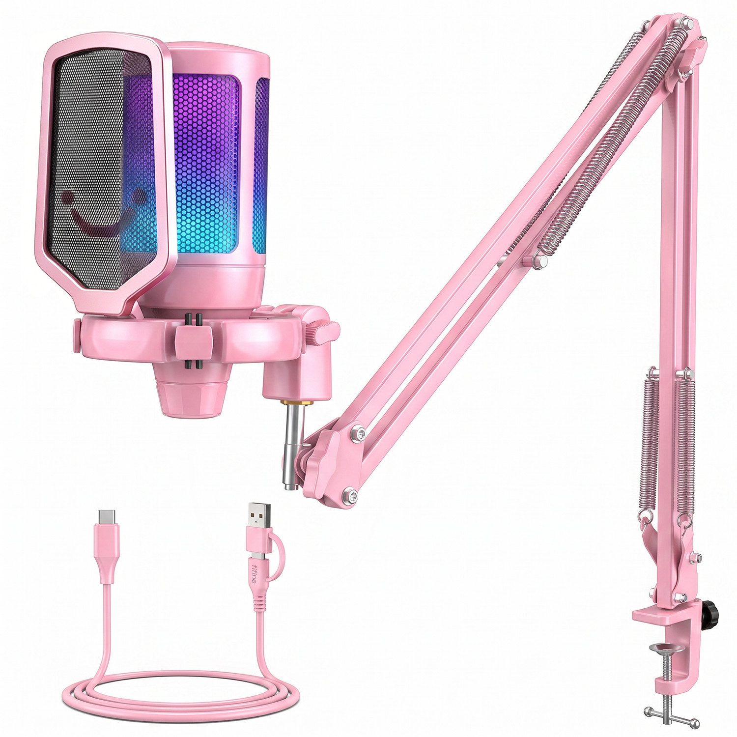 FIFINE Mikrofon USB Mikrofon Streaming mit Arm Kondensator Mikrofon Set PC Gaming RGB, Stummschalttaste, Popfilter und Stoßdämpferhalterung, Pink