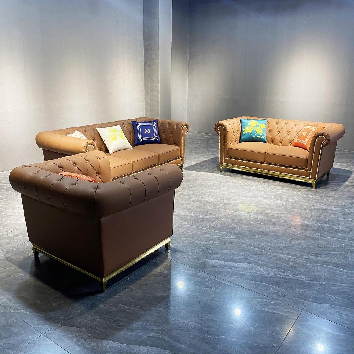 JVmoebel Sofa Orange Chesterfield Luxus Set Garnitur 3+2+1, Wohnzimmer Made Sofa Braun in Europe