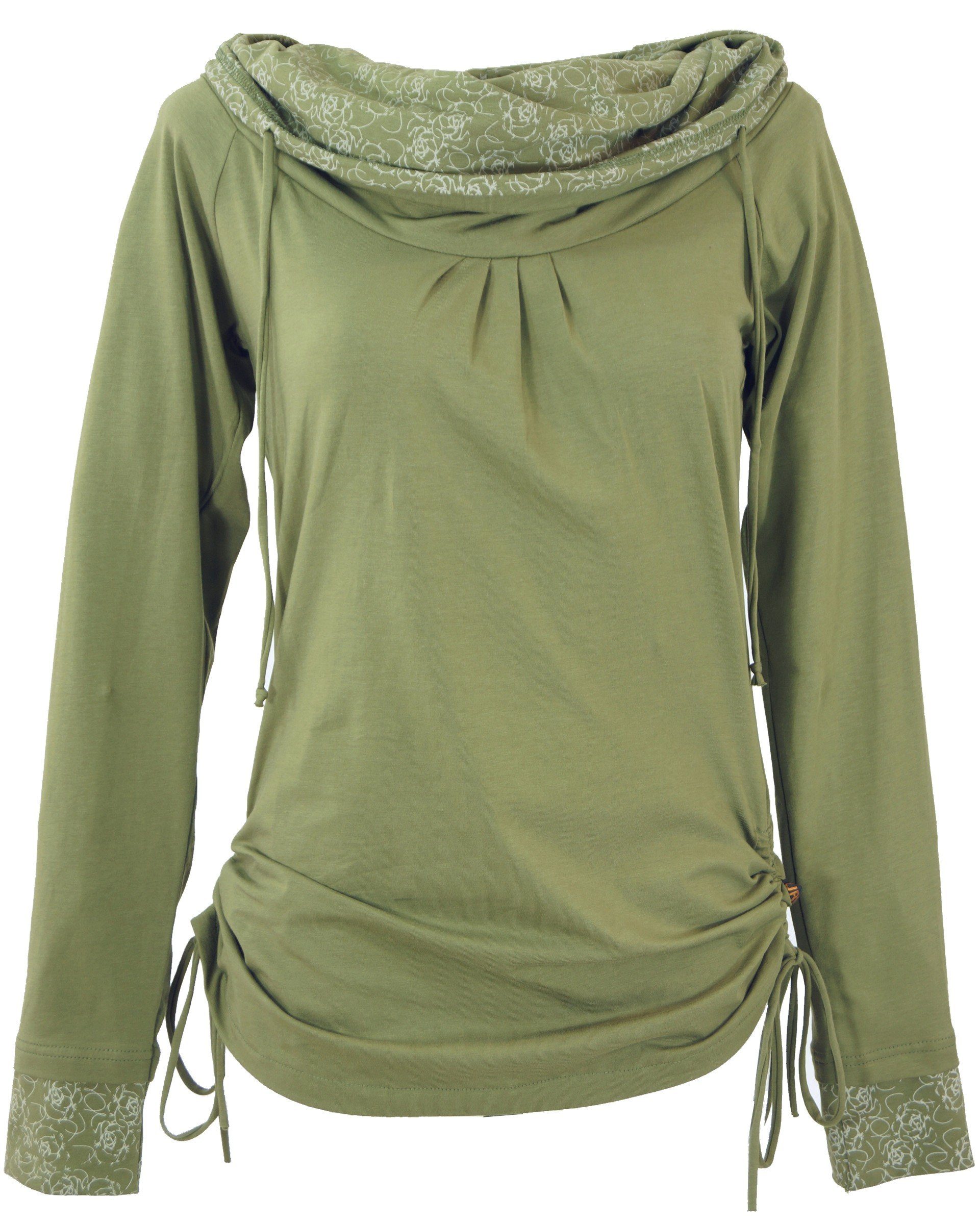 Guru-Shop Longsleeve Longshirt aus Bio-Baumwolle, Boho Shirt.. alternative Bekleidung olivgrün
