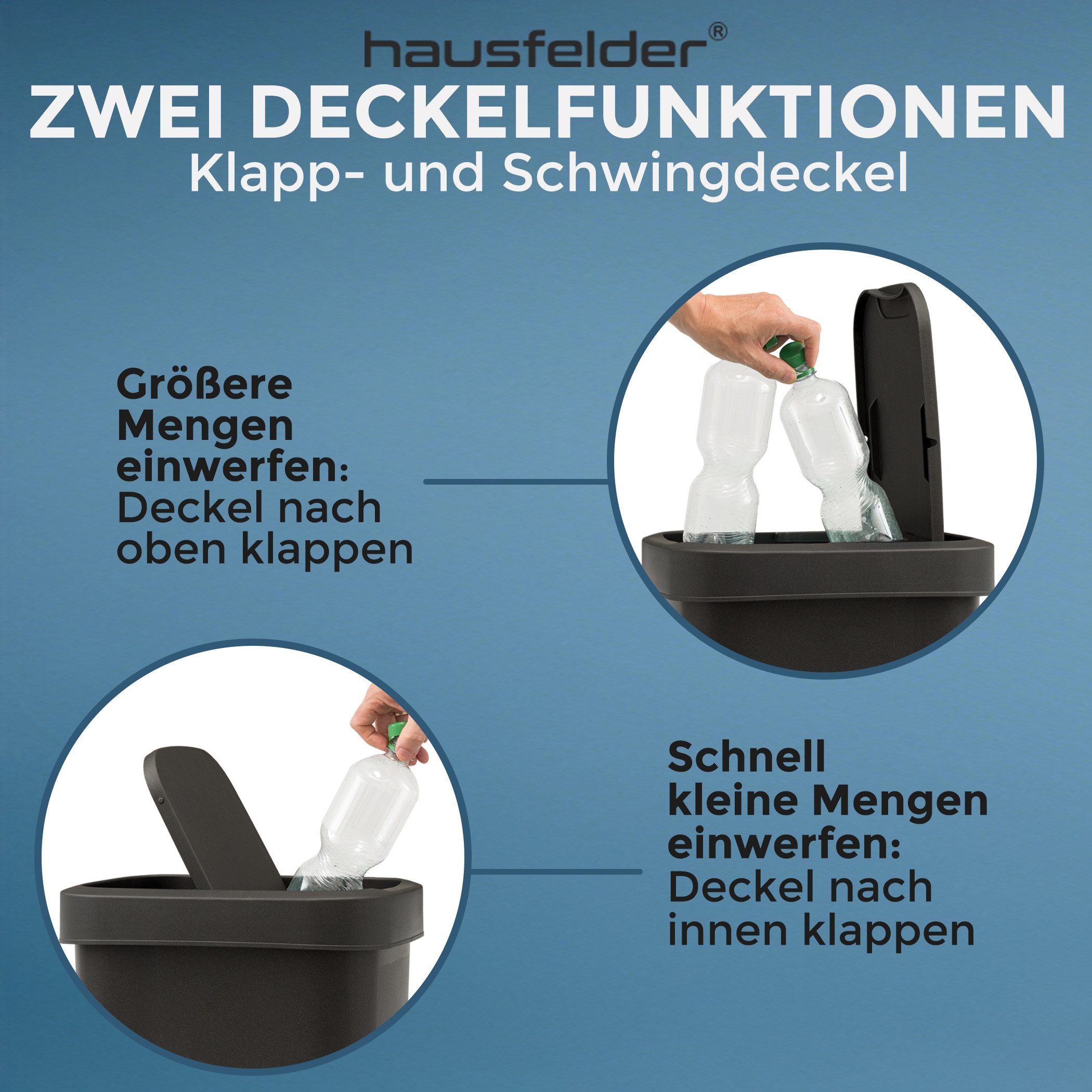 Hausfelder Mülleimer Abfalleimer 10 Liter mit Klapp-Schwingdeckel Abfallbehälter in Schwarz, Made in Germany, mit Klapp- und Schwingdeckel, robuste Konstruktion