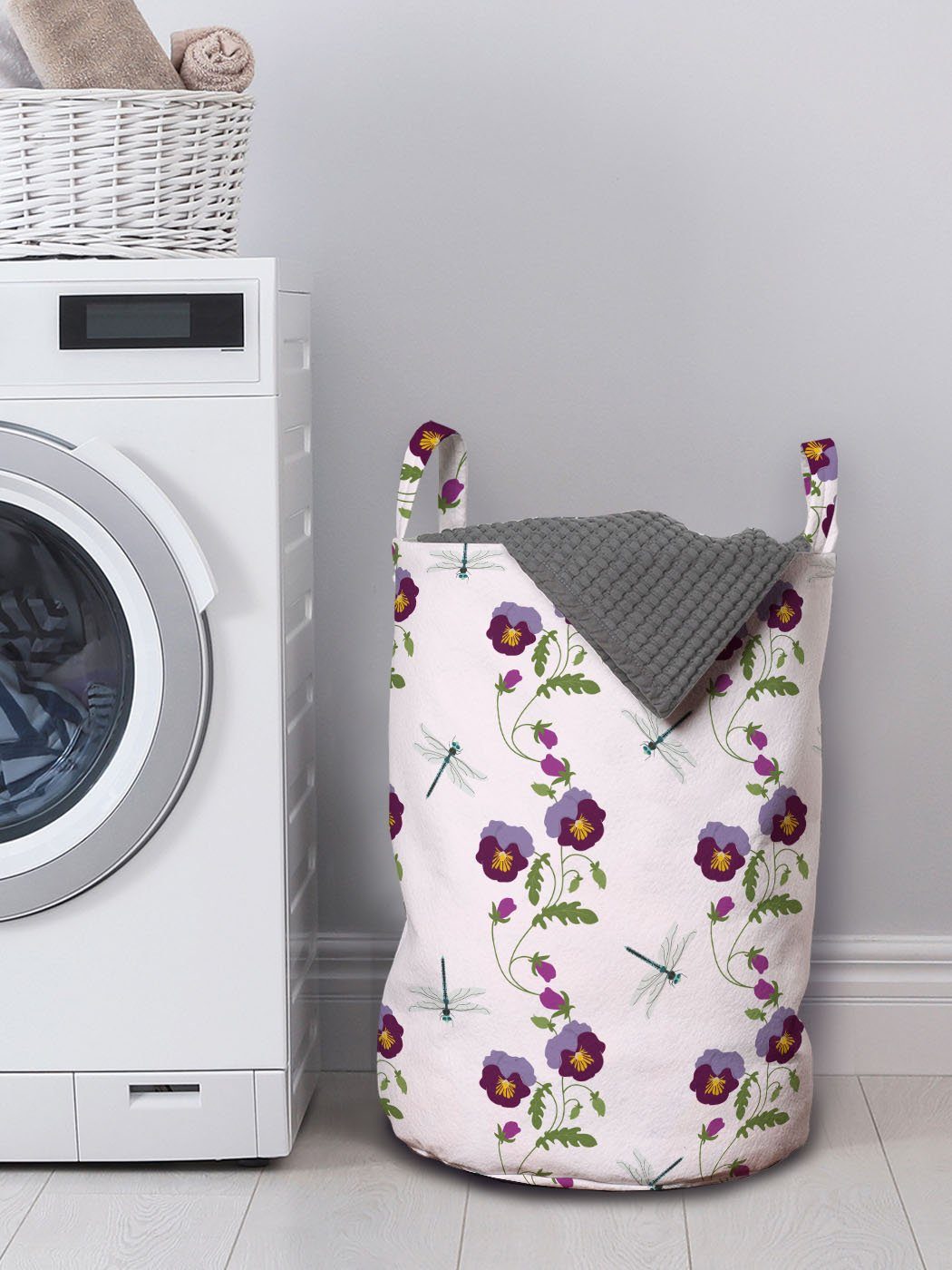 Abakuhaus Wäschesäckchen Kordelzugverschluss für mit Wäschekorb Waschsalons, Stiefmütterchen Griffen Vertikal-Libellen-Blumen