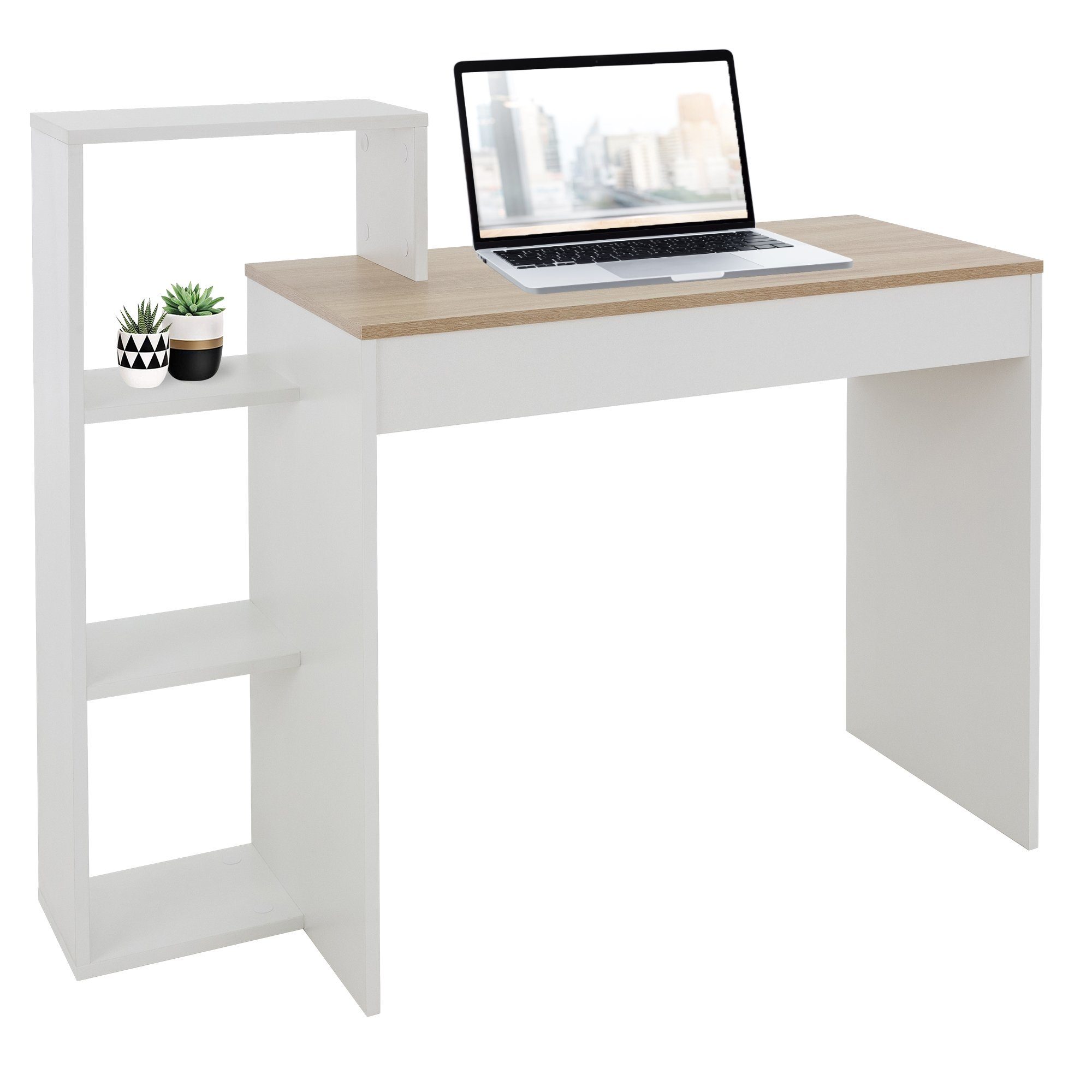 ML-DESIGN Schreibtisch Arbeitstisch Bürotisch Computertisch PC Tisch Zuhause/Arbeitszimmer, Weiß Tischplatte in Sonoma-Eiche 3 Einlegeböden 110x72x40cm