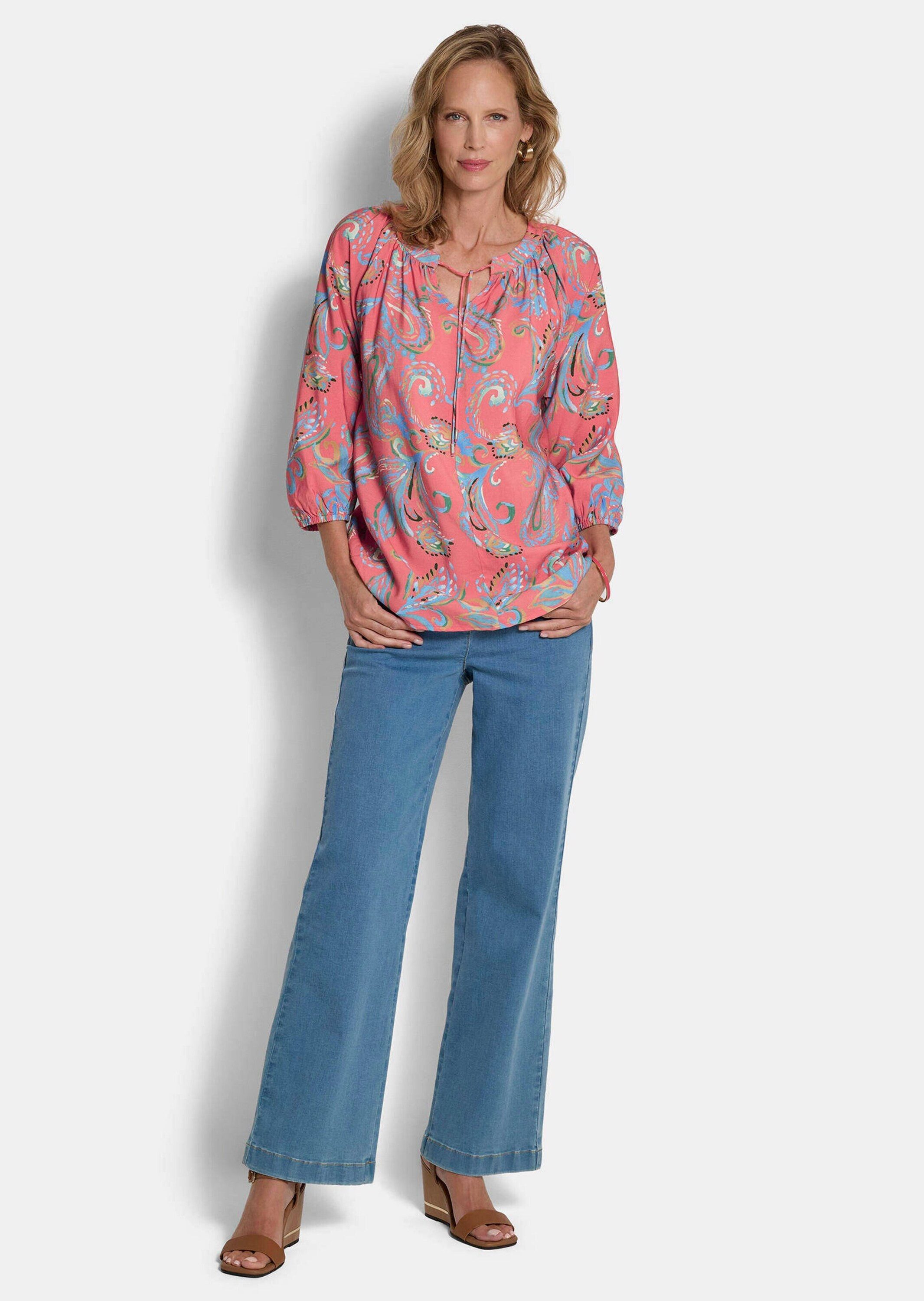 GOLDNER Schlupfbluse Viskosebluse mit Paisley-Muster Schlupfbluse mit Rundhals mit V-Schlitz, Bindeband und 3/4-Ärmeln