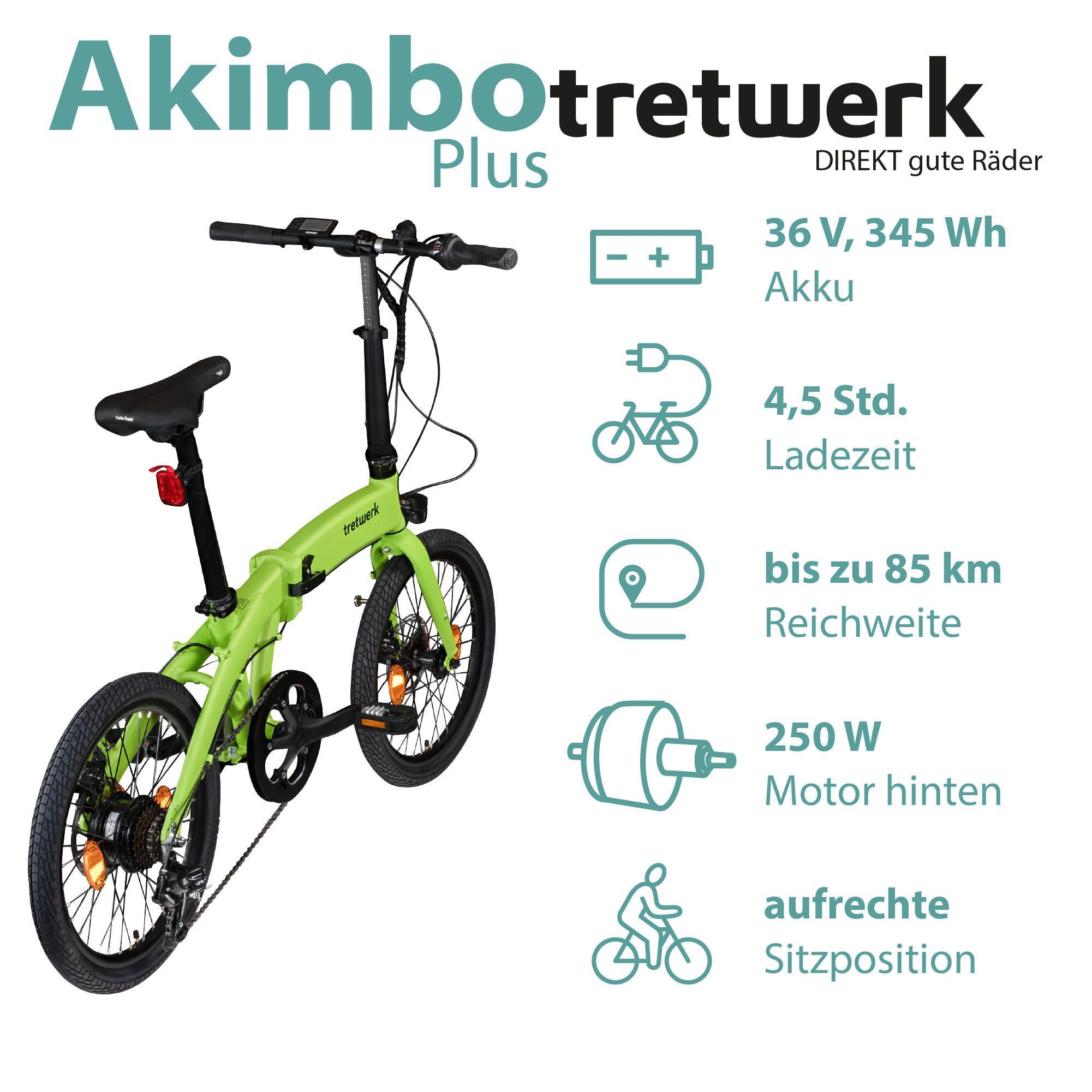 Tretwerk E-Bike Faltrad Akimbo Plus, 7 Gang Shimano Tourney Schaltwerk, Kettenschaltung, Heckmotor, 345 Wh, Pedelec, Elektrofahrrad für Damen und Herren