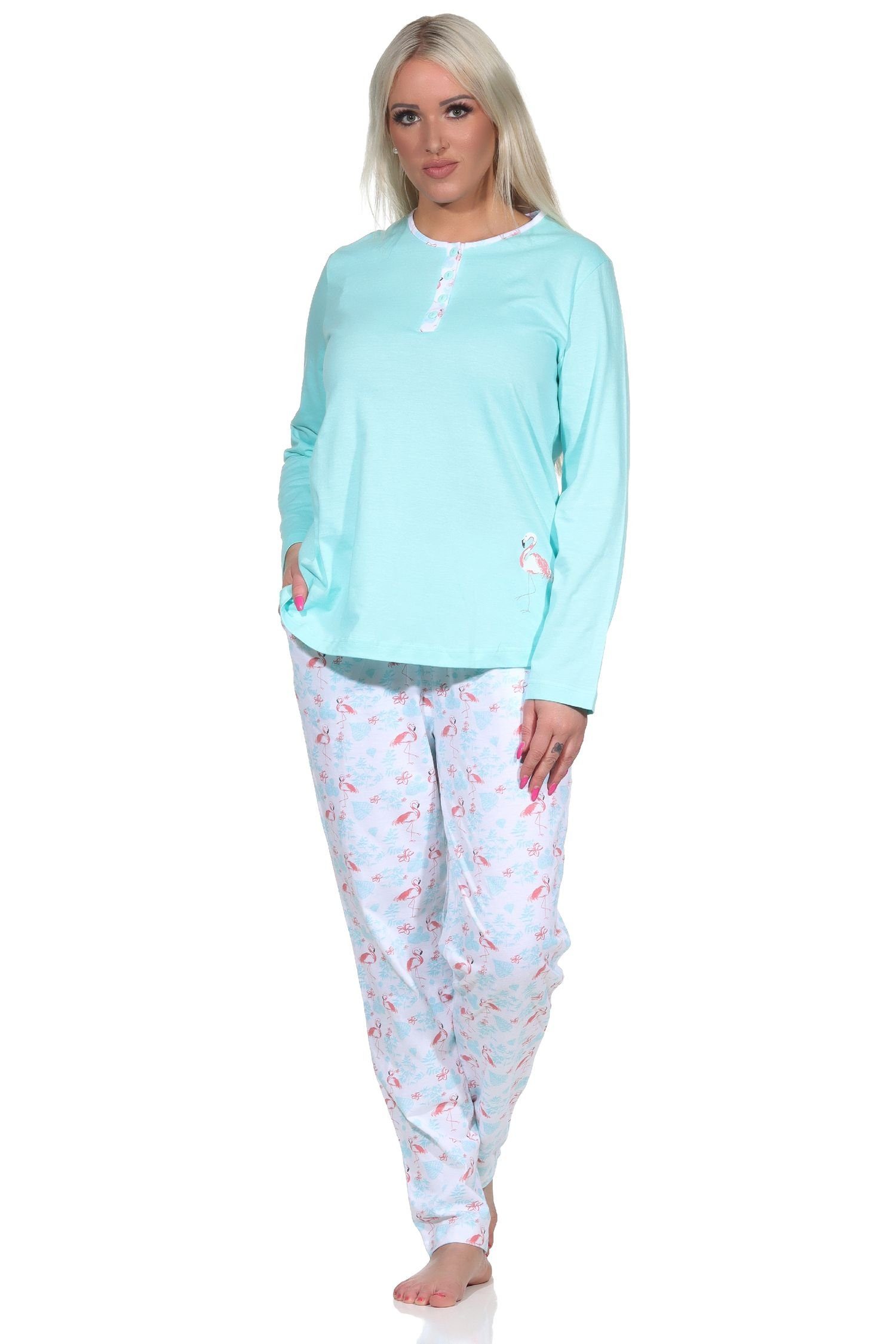 Normann Pyjama Damen Schlafanzug Langarm mit Flamingo Motiv und Knopfleiste am Hals helltürkis