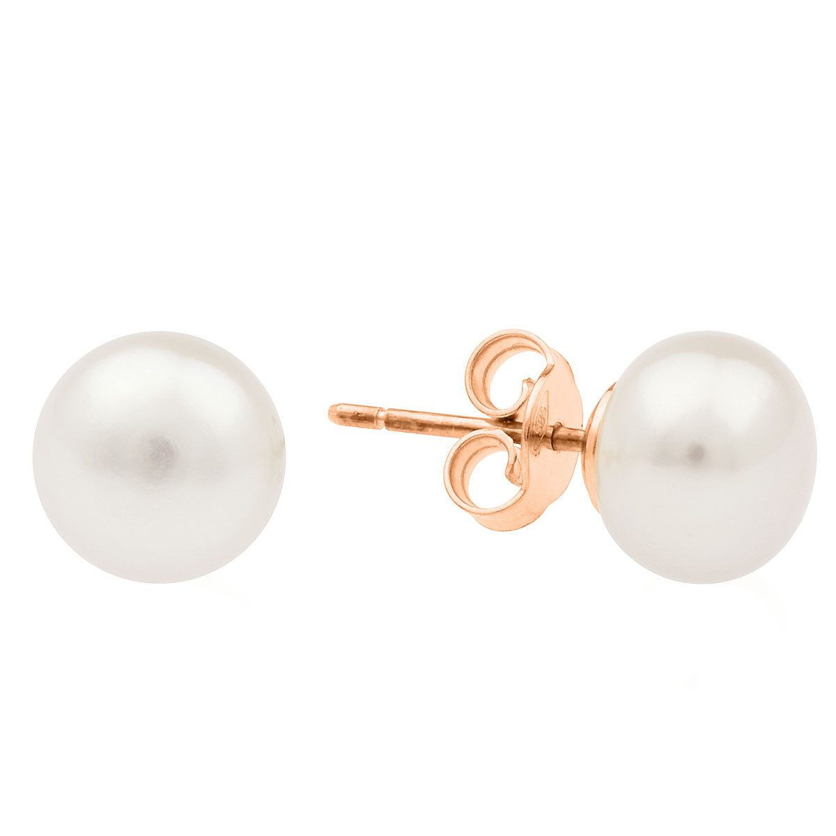 Gaura Pearls Paar Ohrstecker Perlenohrstecker weiß 7.5-8 mm, Button, echte Süßwasserzuchtperle, 14K Roségold (585)