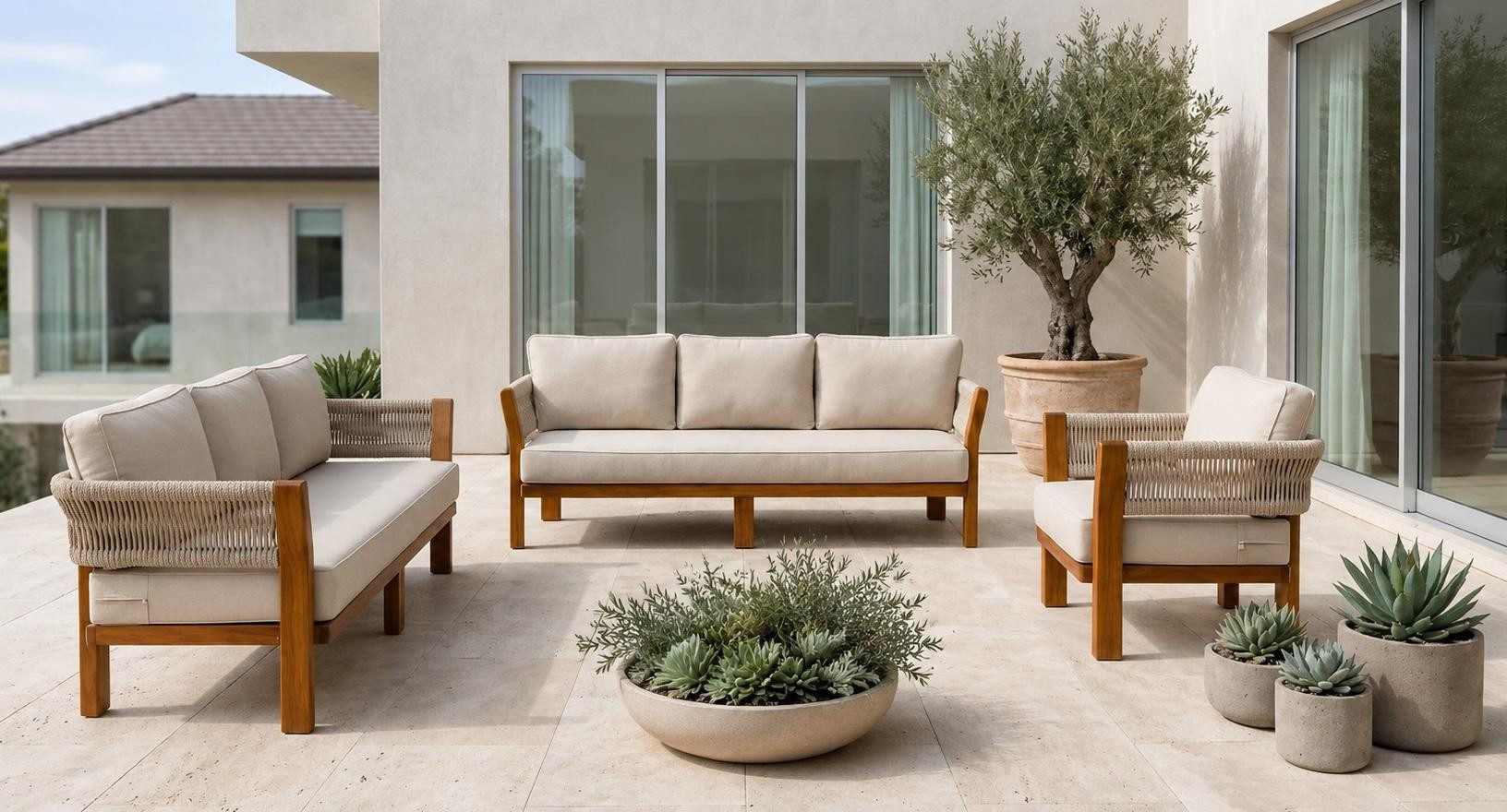 Xlmoebel Gartenlounge-Set Gartenlounge Set 3Sitzer Sofa Sessel Beige Elegant Komfortabel Modern, (3-tlg., 3-tlg)