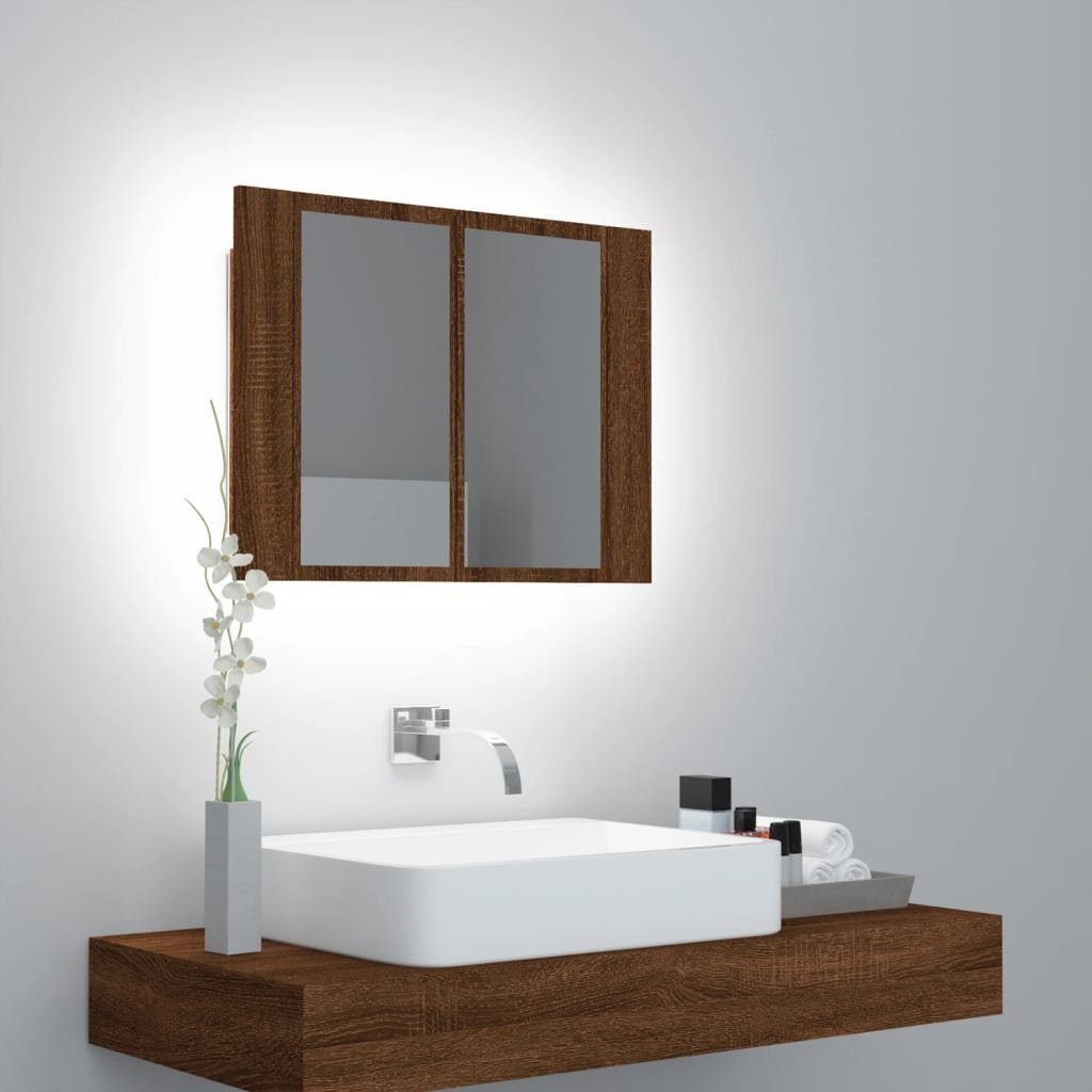 vidaXL Badezimmerspiegelschrank LED-Spiegelschrank Braun Eichen-Optik 60x12x45 cm Holzwerkstoff (1-St) Braune Eiche | Spiegelschränke
