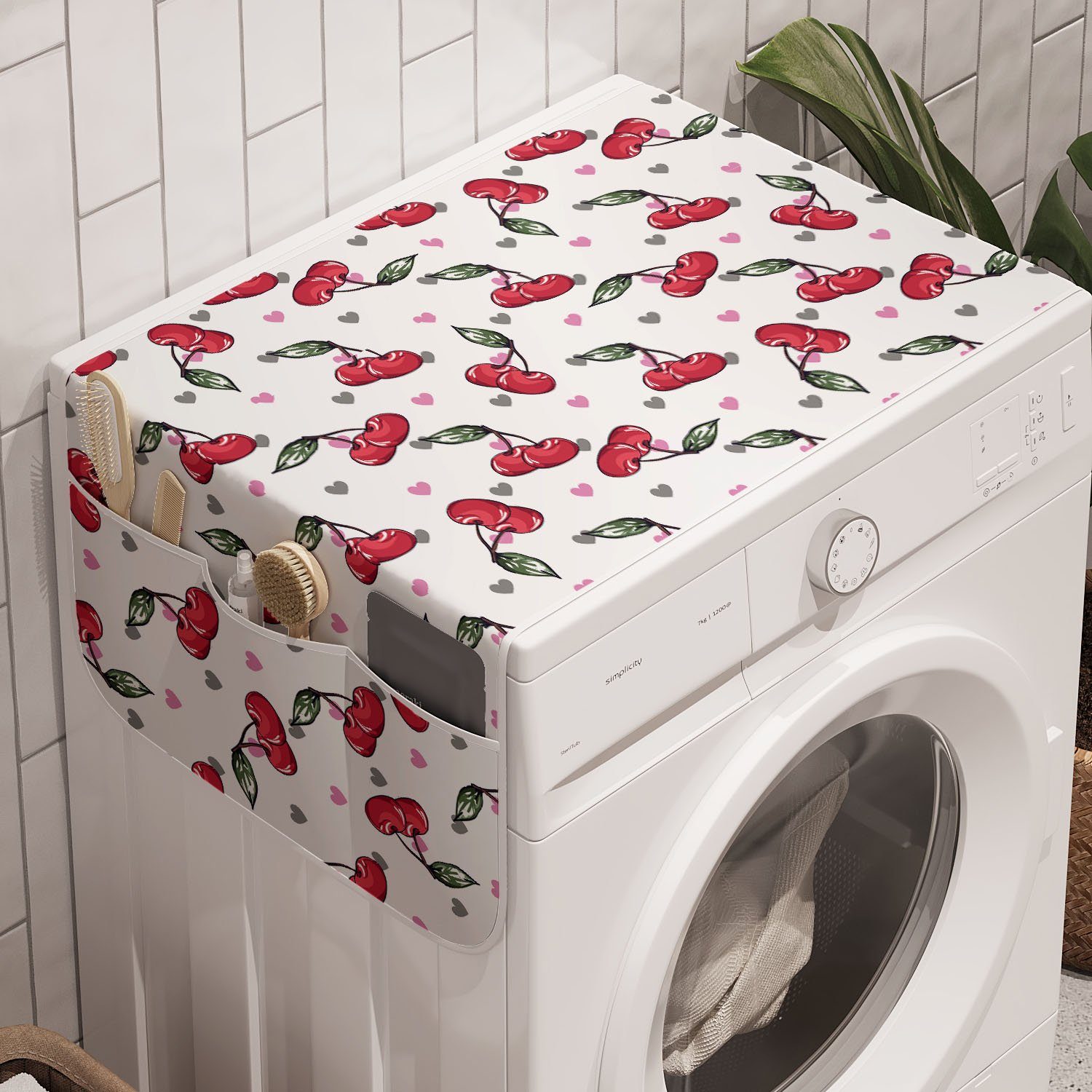 Abakuhaus Badorganizer Anti-Rutsch-Stoffabdeckung für Waschmaschine und Trockner, Kirsche Früchte auf Bicolor-Herzen | Bad-Organizer