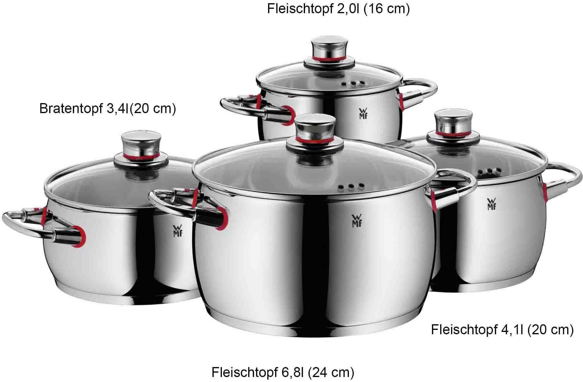 WMF Topf-Set Quality One Induktion, Kochtopf Set mit Glasdeckel, Cromargan® Edelstahl Rostfrei 18/10 (Set, 8-tlg., Bratentopf mit Deckel Ø 20 cm, Fleischtopf mit Deckel Ø 16/20/24 cm), Dampföffnung, ohne Innenskalierung, für alle Herdarten geeignet