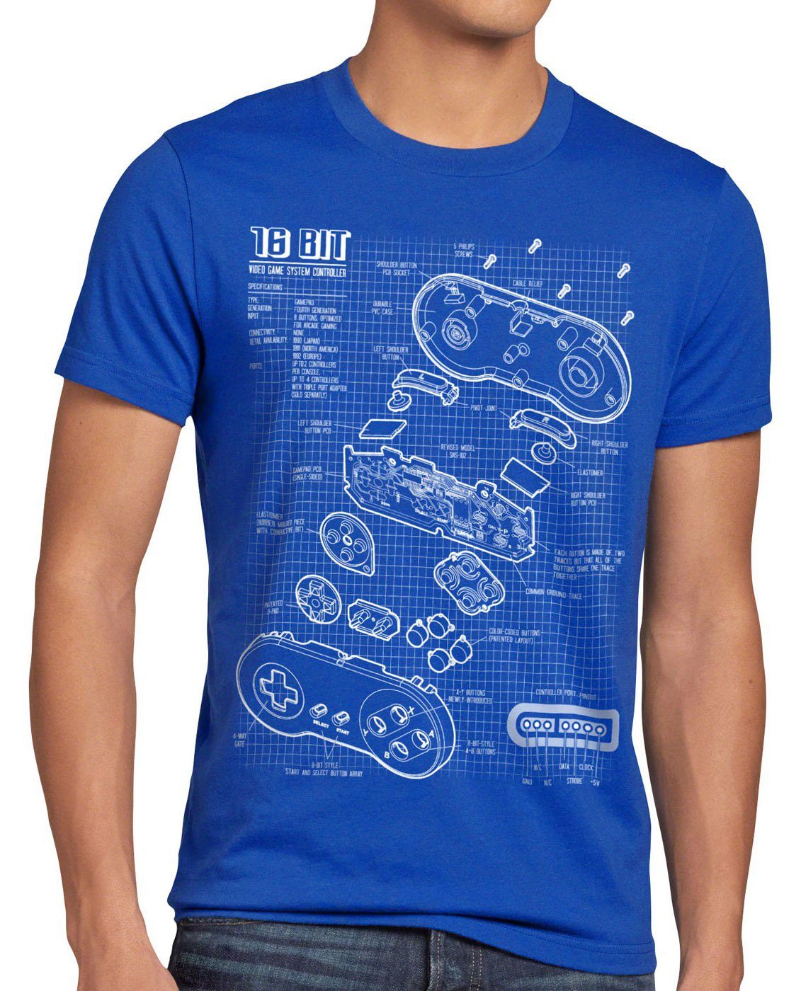 style3 Print-Shirt Herren T-Shirt 16-Bit Gamer classic snes nintendo nes switch super famicom mario blau