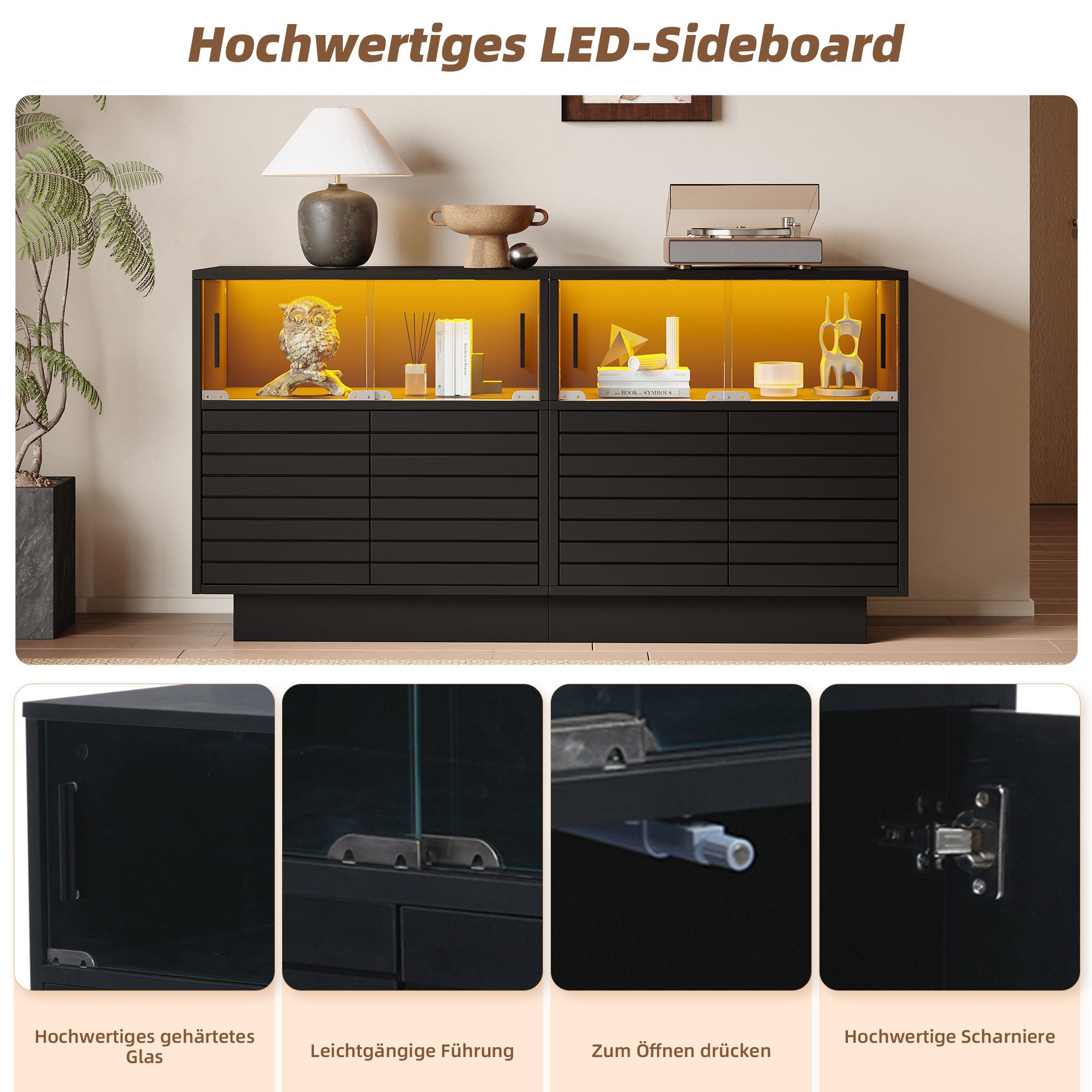 Merax Sideboard Vitrinenschrank mit LED-Beleuchtung (Buffetschrank Anrichte, 1 St., für Wohnzimmer oder Flur), Kommode mit 4 Glastüren, 2 Schränken und großer Ablagefläche