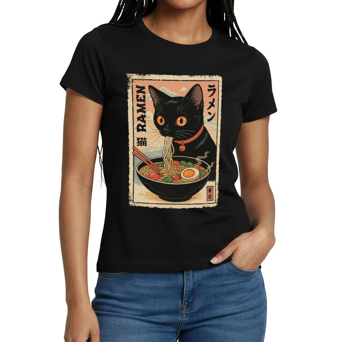 T-Shirt Ramen Katze, Schwarze Katze Mit Nudelsuppe Frauen T-Shirt