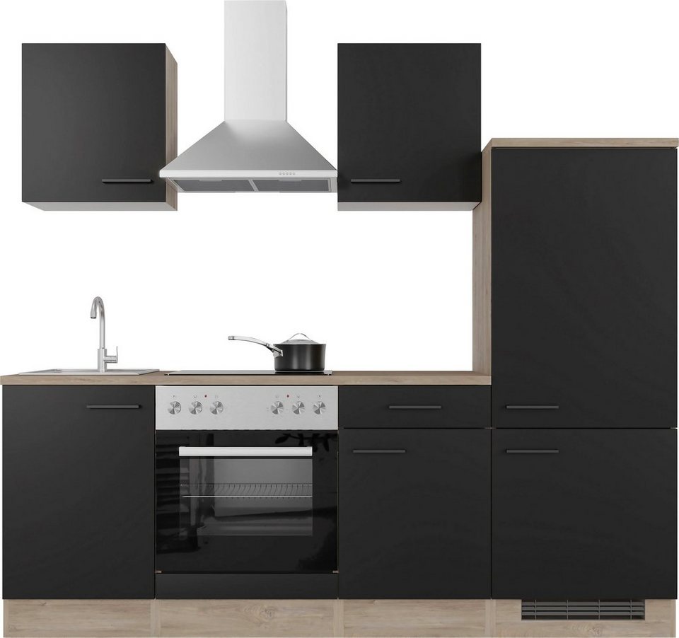 Flex-Well Küche Capri, mit und ohne E-Geräten erhältlich, Gesamtbreite 220  cm, Mit edlem Metallgriff in Schwarz und durchgehender Arbeitsplatte