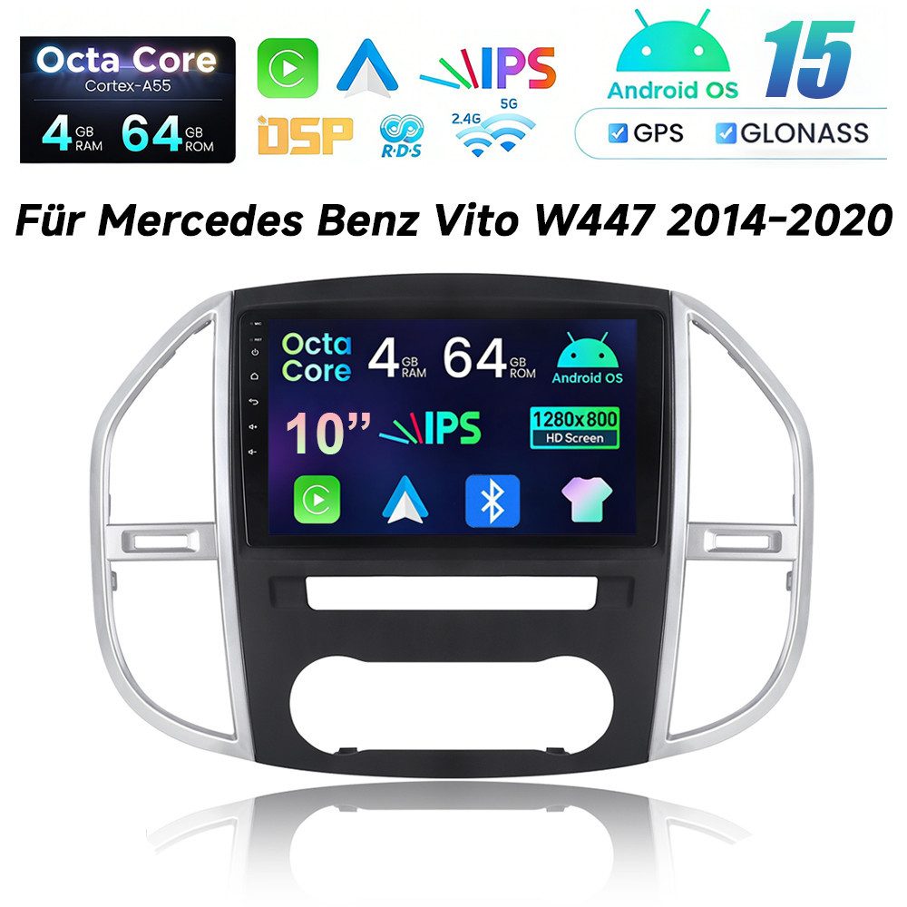 A-Sure 4+64GB Android 15 GPS Navi Carplay Für Mercedes Benz Vito W447 2014-20 Autoradio (Digitalradio (DAB), FM, AM, RDS, 1280*800 IPS Screen/8-Core CPU)