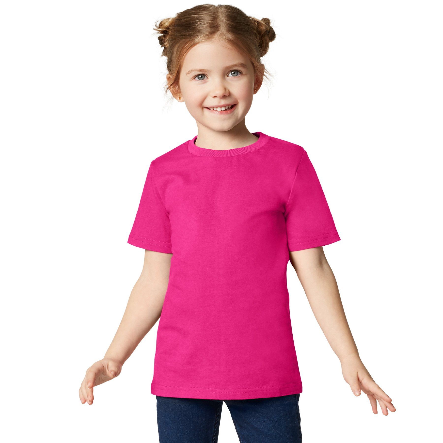 dressforfun T-Shirt Kurzarmtop, Für viele Outfits & Auftritte, Rundhals mit (Freizeitoberteil, Konfektionsgröße 128 (8-10 Jahre) in pink) Einfarbiges T-Shirt für Kinder, Fester Stoff, hoher Tragekomfort