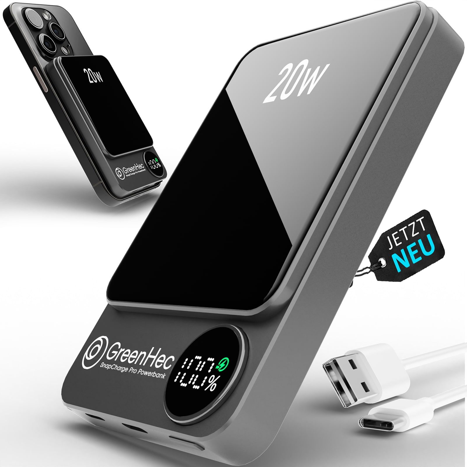 GreenHec MagSafe Powerbank iPhone 17 16 15 14 13 12 Magnet Wireless Laden 20w Powerbank SnapCharge Pro A 10000 mAh (1,5 V), 10000mAh 5000mAh Slim Induktives Laden Akku Battery Charging Portable
