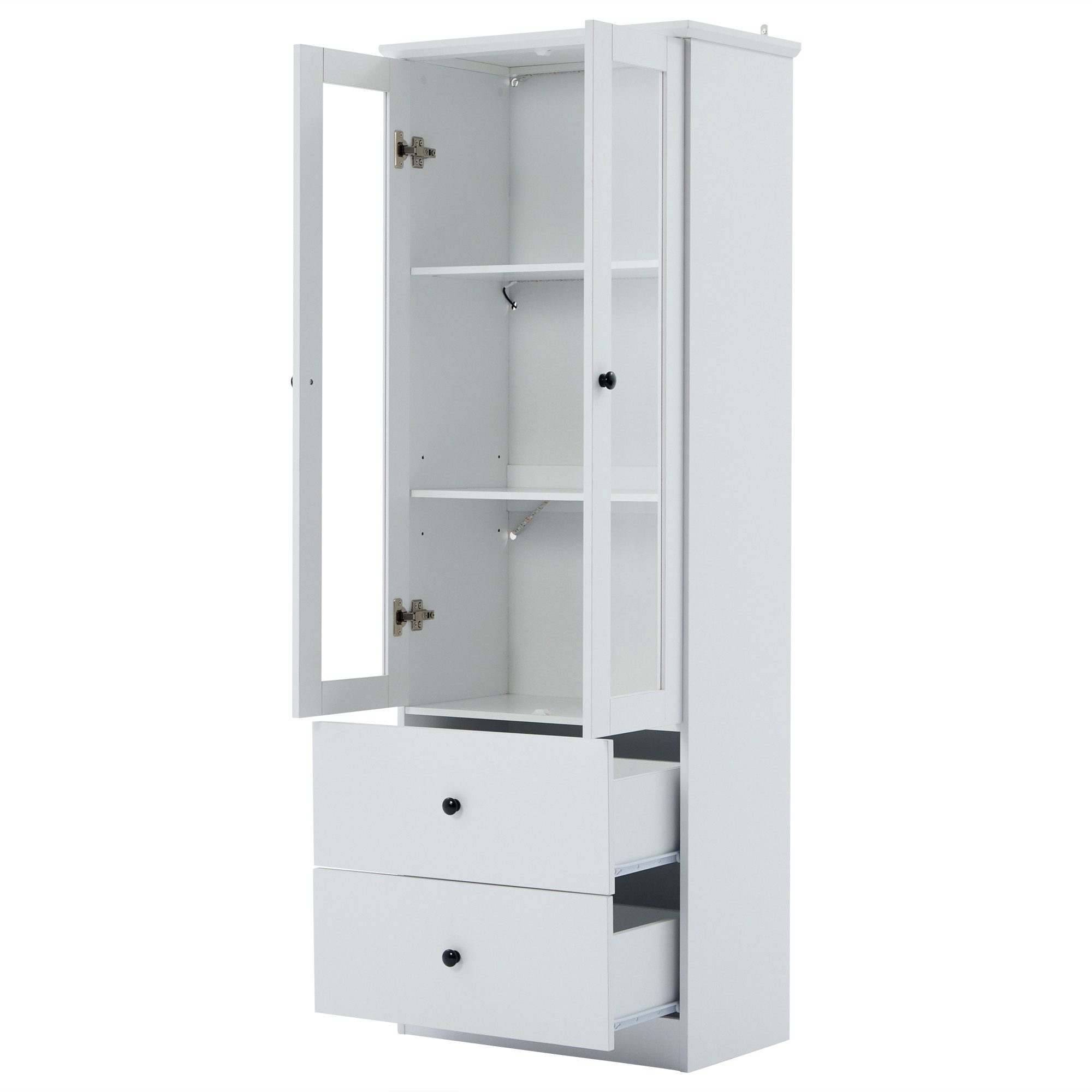 KLAM HOME Vitrine Moderne LED-Vitrine weiß matt 165 cm hoch mit USB-Anschluss (16-Farben-Fernbedienung, Glasvitrine mit 2 Schubladen, MDF-Wohnzimmer) Vertikalvi – Bild 2 von 5